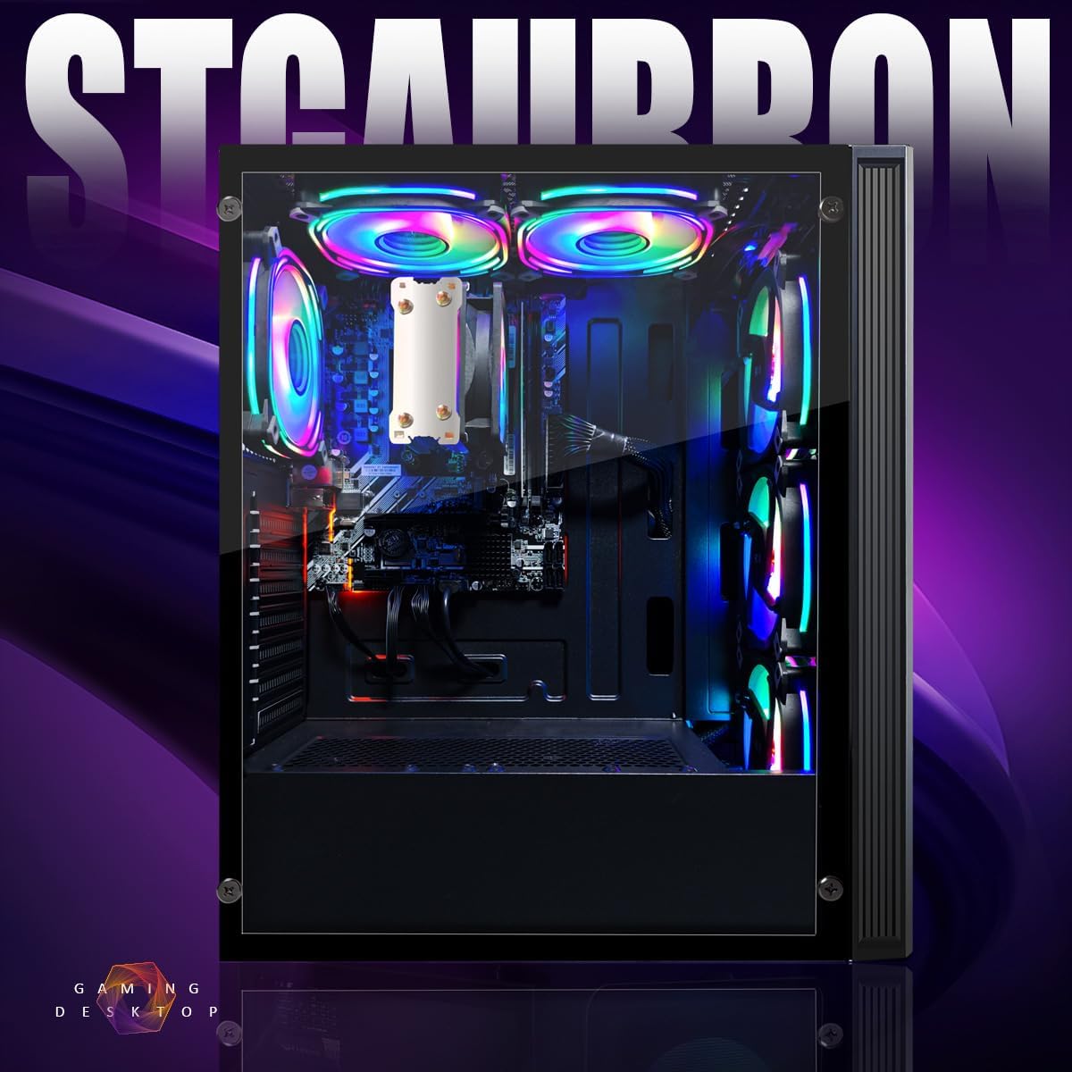 STGAubron RGB Desktop PC Computer, AMD Ryzen 5 3400G up to 4.2GHz, 16G DDR4, 512G SSD, WiFi 6 & BT 5.2, RGB Fan x6, RGB Keyboard & Mouse, Windows 11 Home