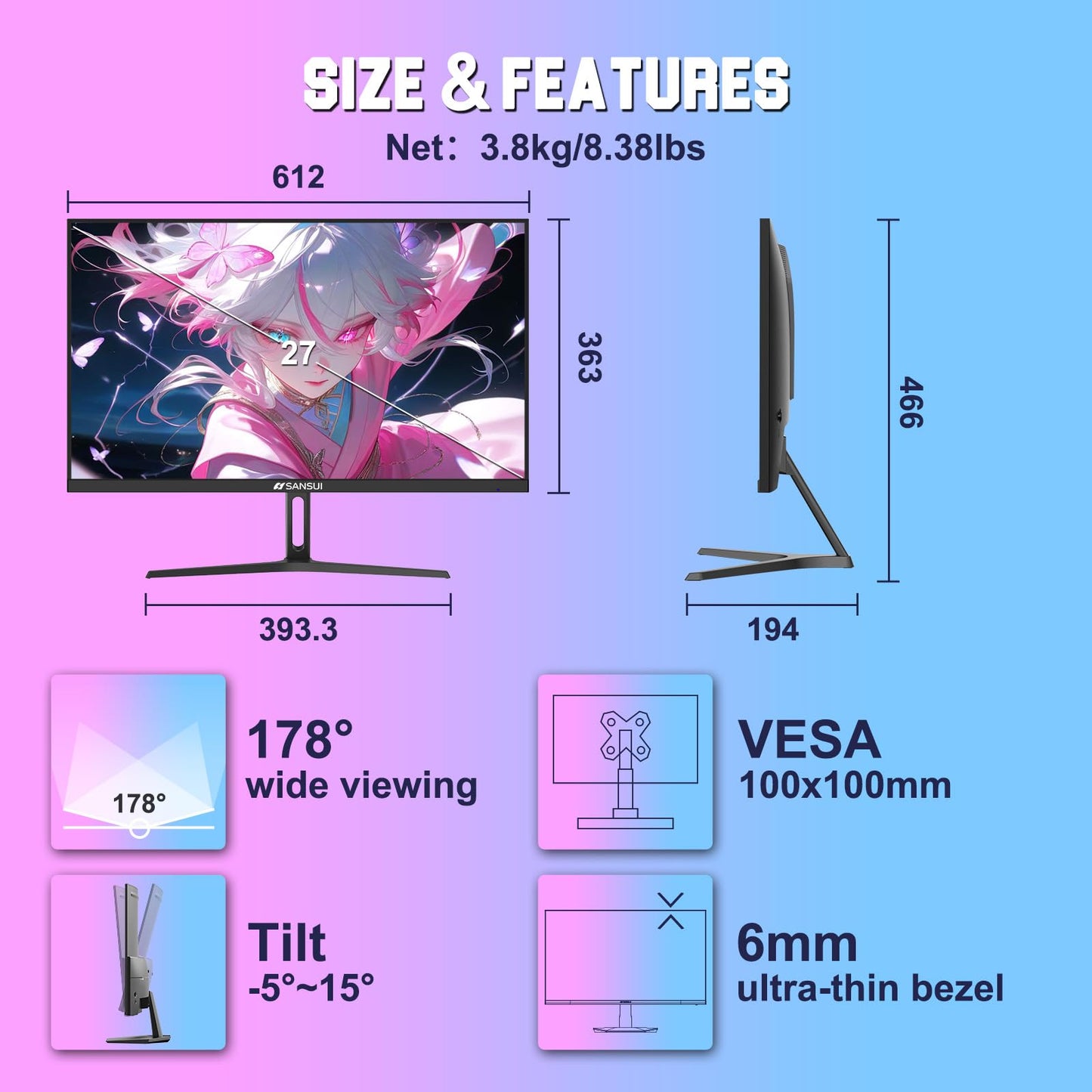 SANSUI 27 Inch Curved 240Hz Gaming Monitor FHD 1080P, 1500R Curve Computer Monitor, 130% sRGB, 4000:1 Contrast, HDR, FreeSync, MPRT 1Ms, Low Blue Light, HDMI DP Ports, Metal Stand, DP Cable Incl.
