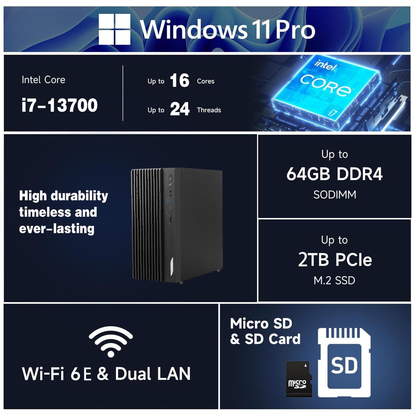 MSI PRO DP180 Business Tower Desktop, Intel i7-13700, 32GB RAM, 1TB SSD, Support 2-Display 4K, HDMI, SD Card Reader, DP Port, DVD-RW, VGA, Wired Keyboard & Mouse, Wi-Fi 6E, Windows 11 Pro