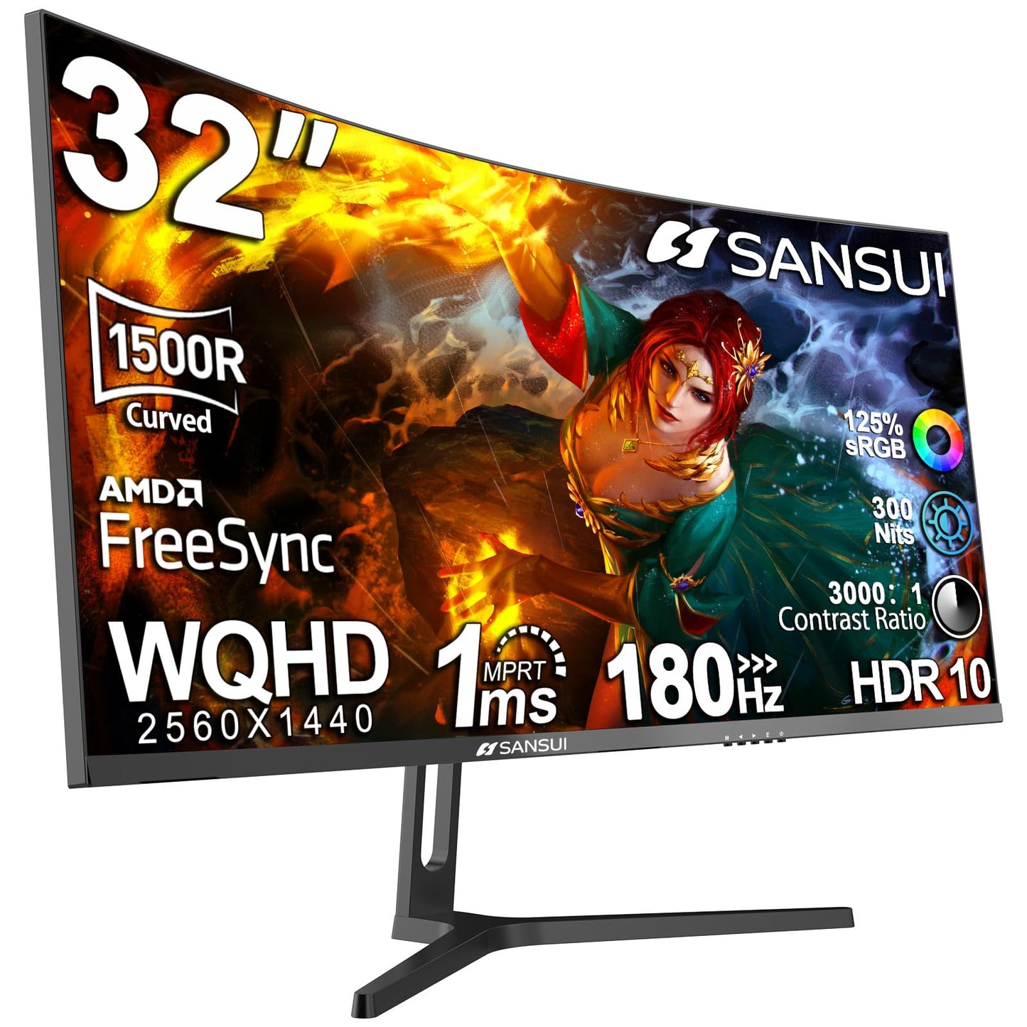 SANSUI 27 Inch Curved Gaming Monitor 180Hz 1ms with Speakers FHD 1080P Computer Monitor FreeSync|1500R|130% sRGB|HDR|Low Blue Light|HDMI DP Ports|VESA Mount|Metal Stand(ES-G27C1 HDMI Cable Incl.)
