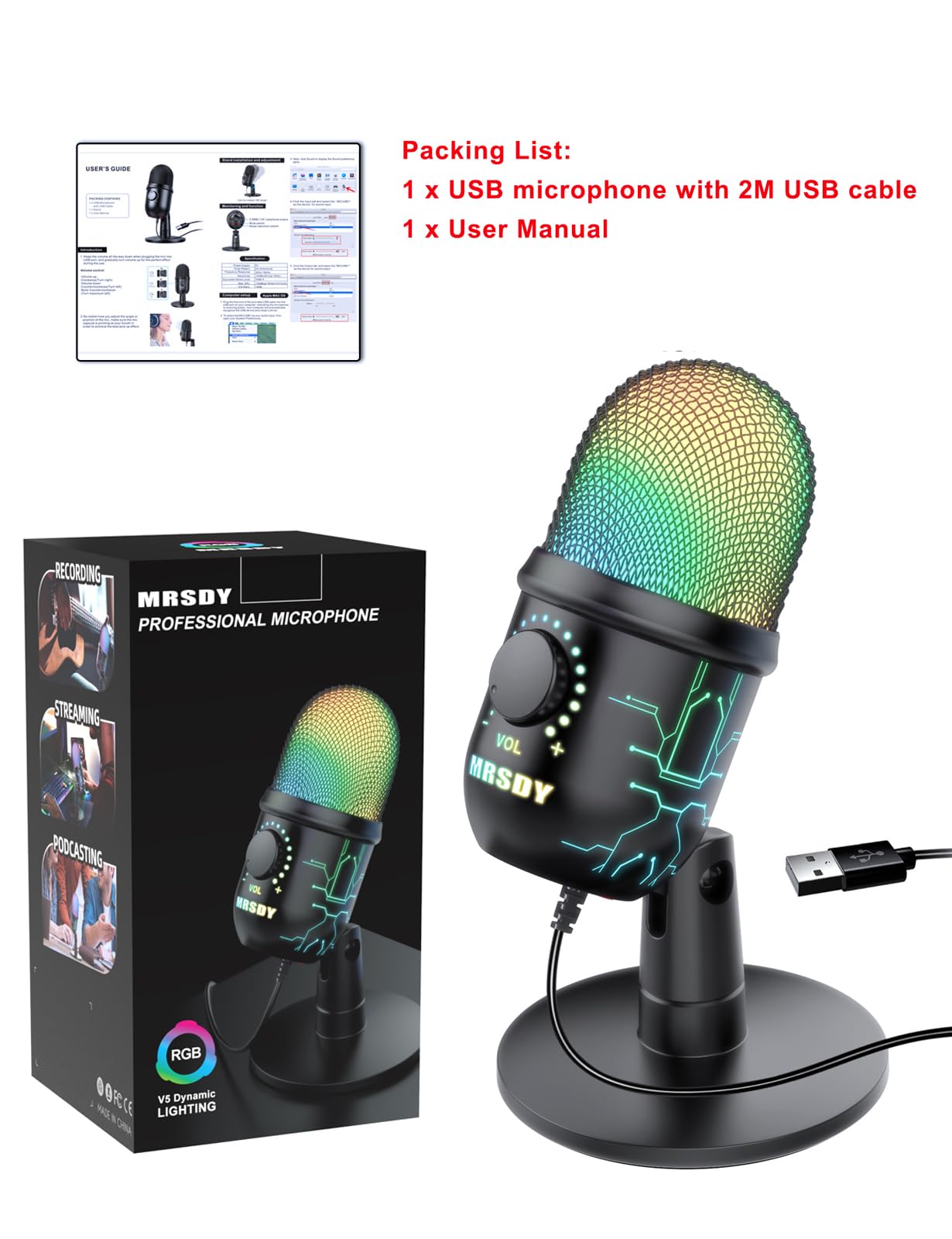 MRSDY USB Gaming Microphone for PC with Noise Reduction, Mute, Gain, RGB | Condenser Mic, Headphone Jack, Suitable for PC, Computer, PS4, PS5, Mac, Streaming, Podcasting, Recording, YouTube, Discord