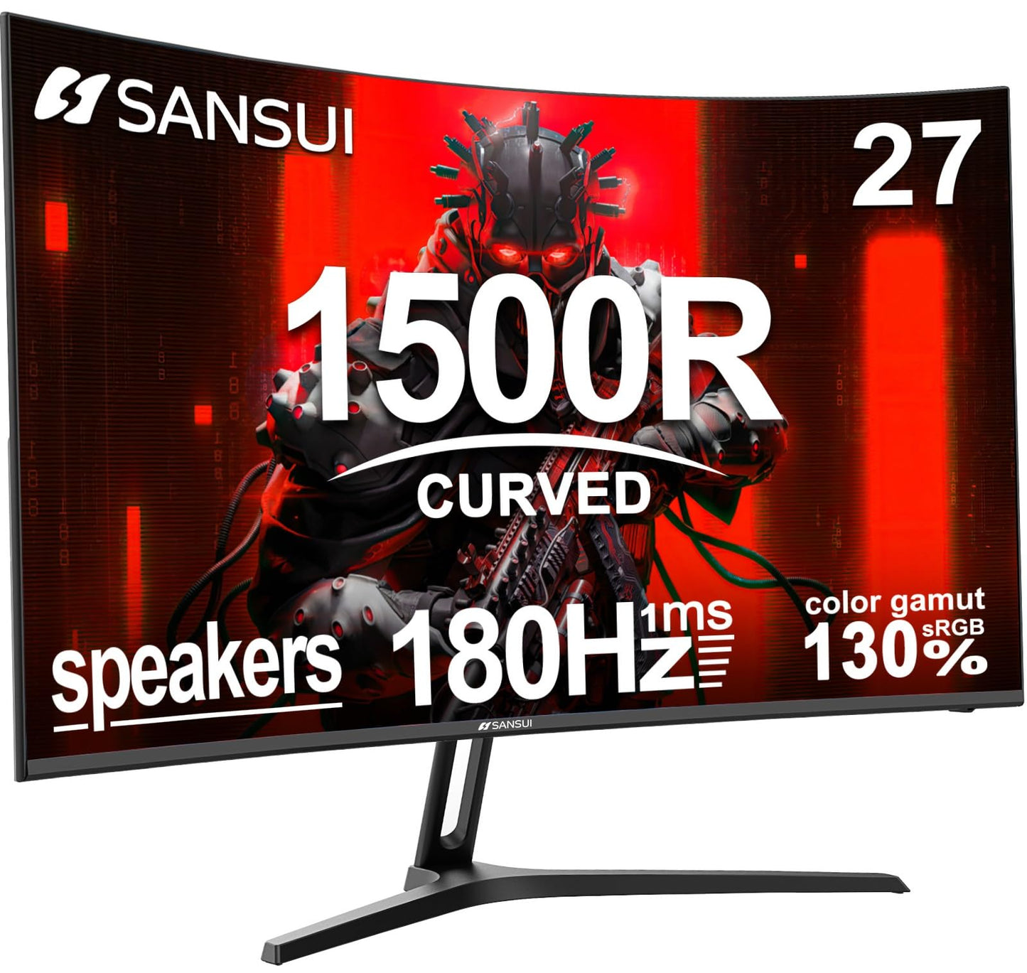 SANSUI 27 Inch Curved Gaming Monitor 180Hz 1ms with Speakers FHD 1080P Computer Monitor FreeSync|1500R|130% sRGB|HDR|Low Blue Light|HDMI DP Ports|VESA Mount|Metal Stand(ES-G27C1 HDMI Cable Incl.)