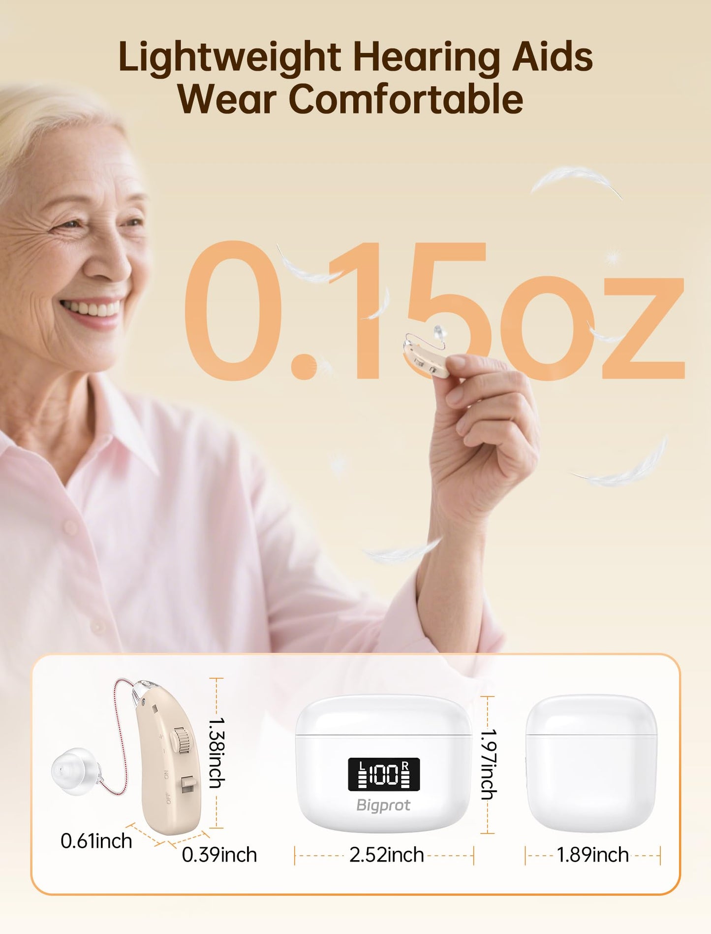 Hearing Aids Rechargeable for Seniors, Lightweight Hearing Amplifiers for Adults Hearing Loss with Noise Cancelling,Portable Behind-the-Ear Hearing Aid Headphones Charging Case Stepless Volume Control