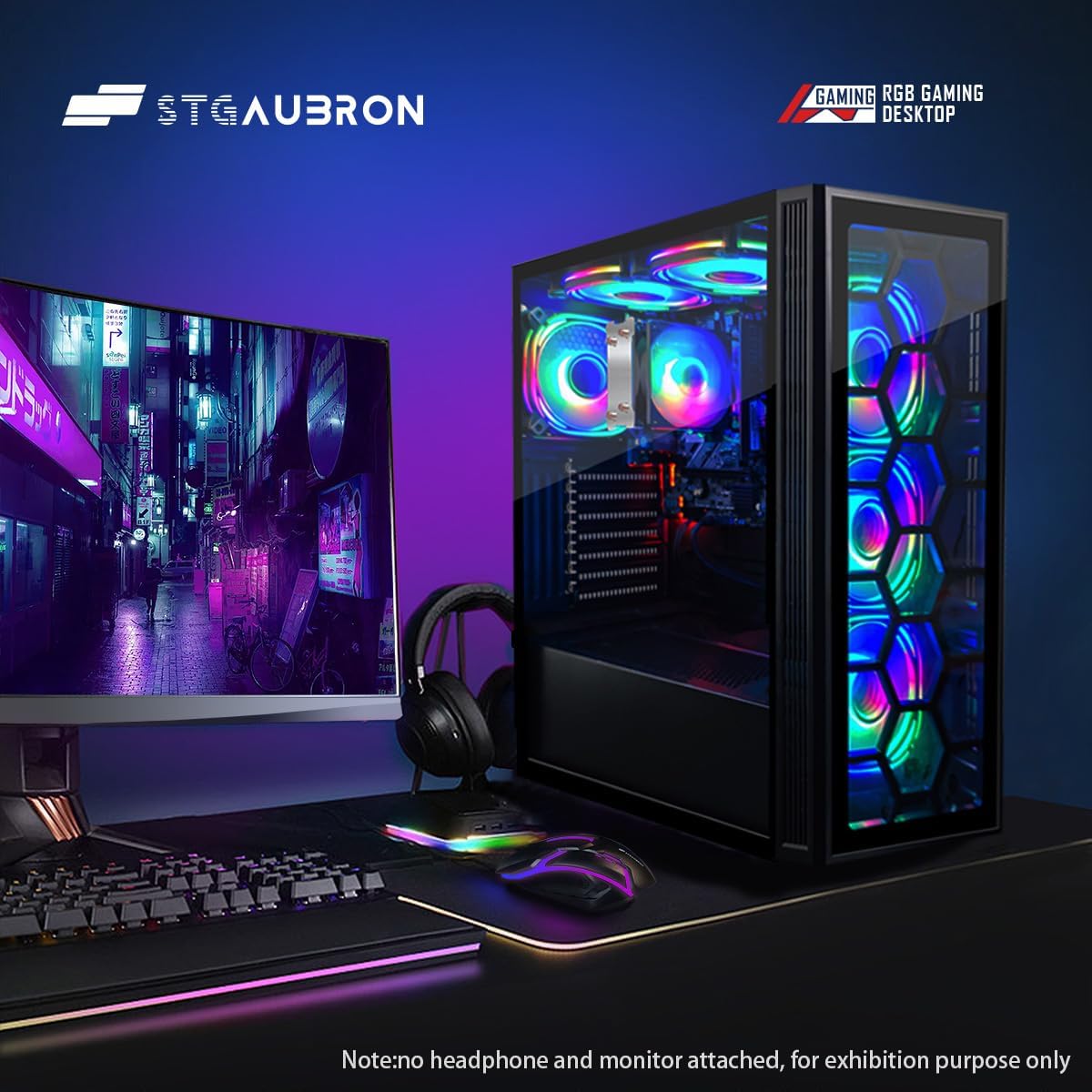 STGAubron RGB Desktop PC Computer, AMD Ryzen 5 3400G up to 4.2GHz, 16G DDR4, 512G SSD, WiFi 6 & BT 5.2, RGB Fan x6, RGB Keyboard & Mouse, Windows 11 Home