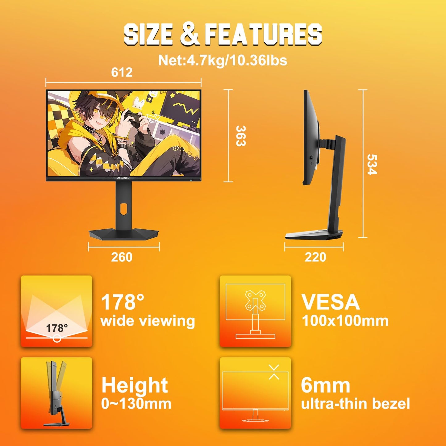 SANSUI 27 Inch Curved Gaming Monitor 180Hz 1ms with Speakers FHD 1080P Computer Monitor FreeSync|1500R|130% sRGB|HDR|Low Blue Light|HDMI DP Ports|VESA Mount|Metal Stand(ES-G27C1 HDMI Cable Incl.)