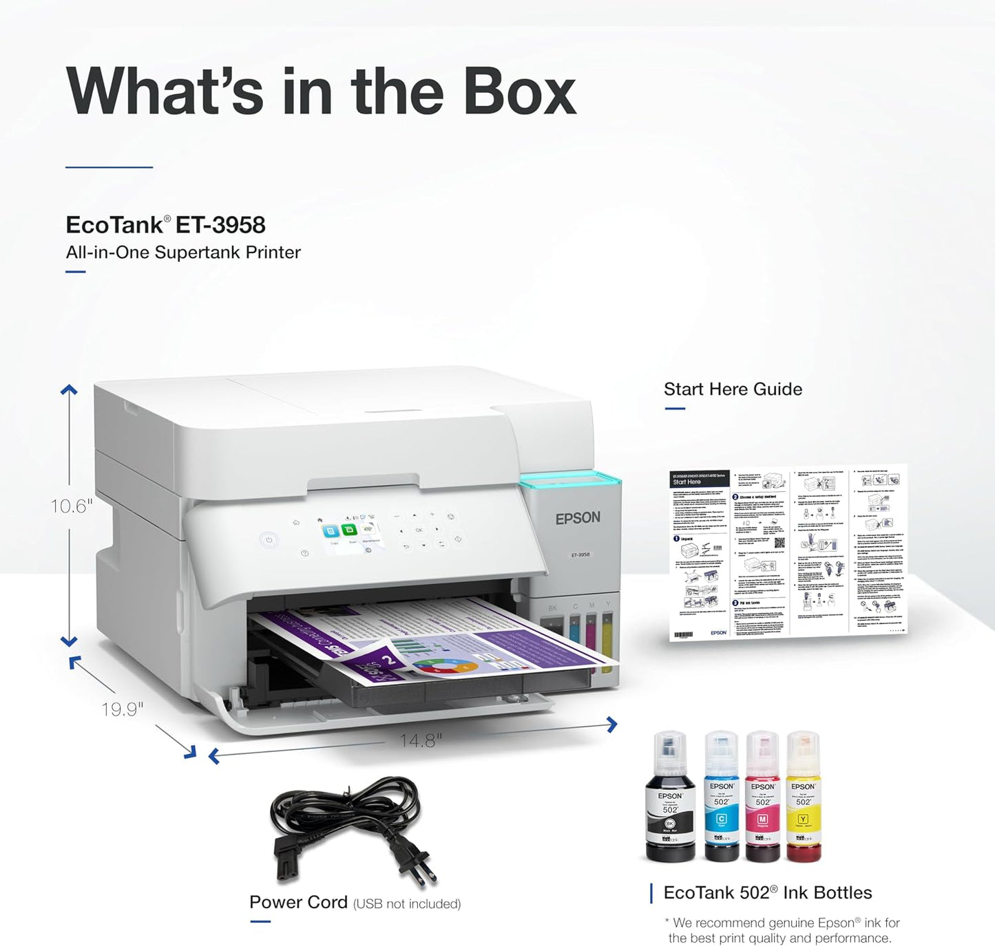Epson EcoTank ET-3958 Wireless All-in-One Color Supertank Printer with up to 3 Years of Ink, Refillable Tanks, Perfect for Home Office, 18 PPM, 2.4" Color Screen, Auto Document Feeder (Renewed)