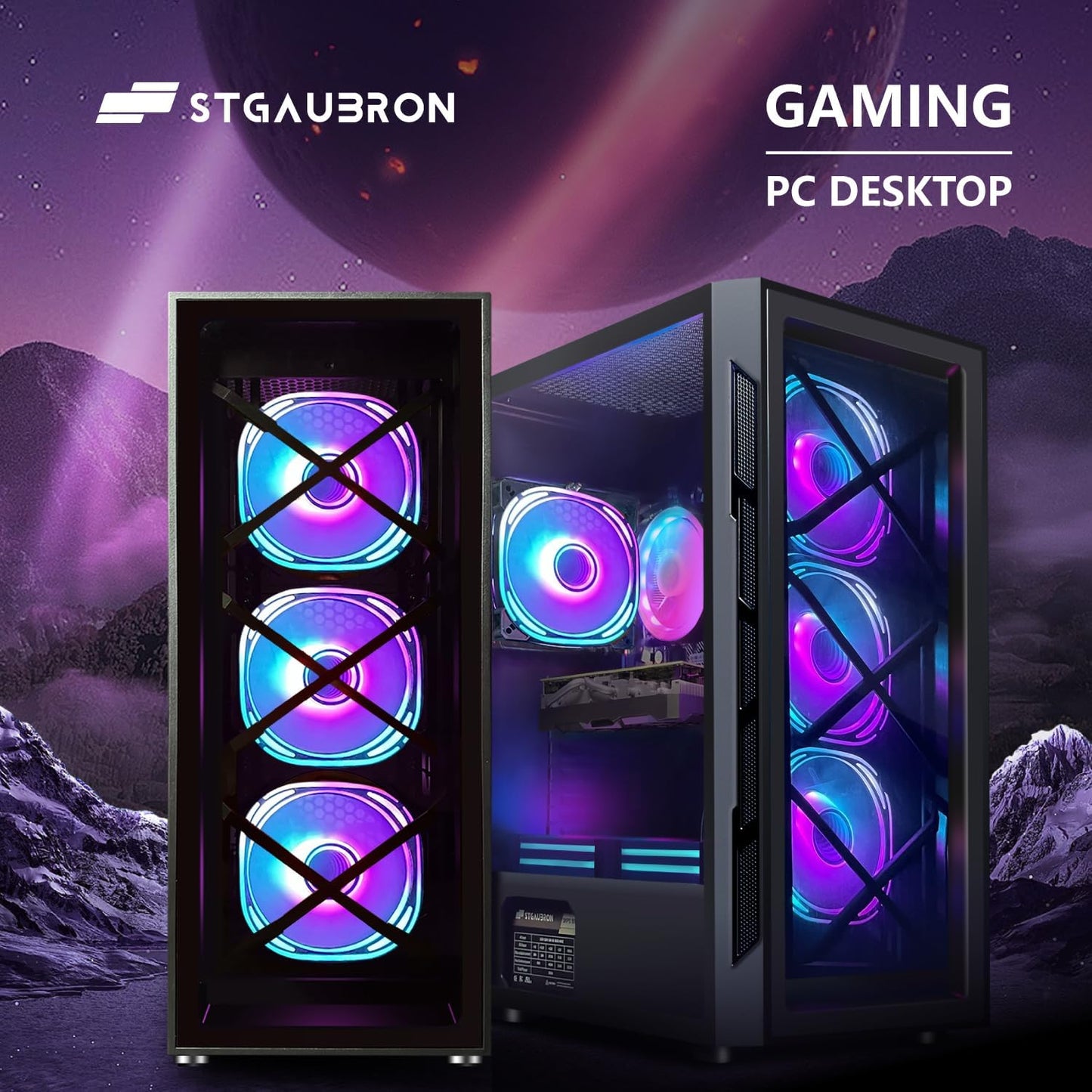 STGAubron RGB Desktop PC Computer, AMD Ryzen 5 3400G up to 4.2GHz, 16G DDR4, 512G SSD, WiFi 6 & BT 5.2, RGB Fan x6, RGB Keyboard & Mouse, Windows 11 Home