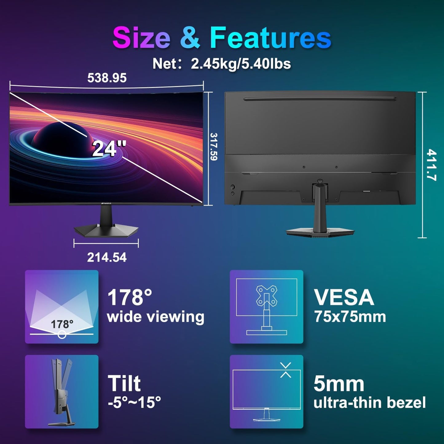 SANSUI 27 Inch Curved Gaming Monitor 180Hz 1ms with Speakers FHD 1080P Computer Monitor FreeSync|1500R|130% sRGB|HDR|Low Blue Light|HDMI DP Ports|VESA Mount|Metal Stand(ES-G27C1 HDMI Cable Incl.)