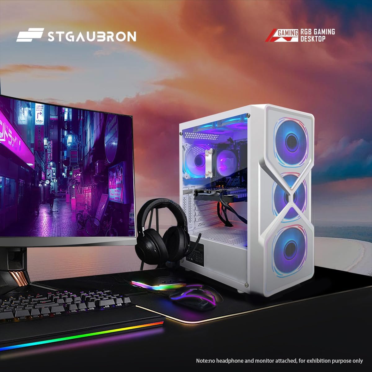 STGAubron RGB Desktop PC Computer, AMD Ryzen 5 3400G up to 4.2GHz, 16G DDR4, 512G SSD, WiFi 6 & BT 5.2, RGB Fan x6, RGB Keyboard & Mouse, Windows 11 Home