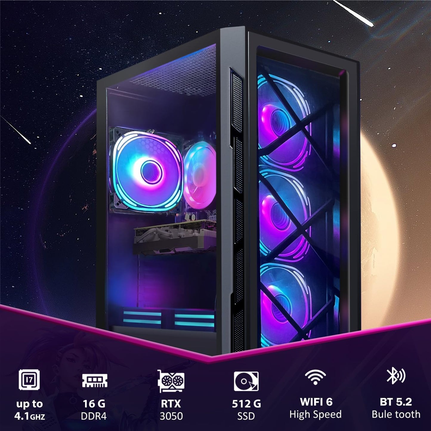 STGAubron RGB Desktop PC Computer, AMD Ryzen 5 3400G up to 4.2GHz, 16G DDR4, 512G SSD, WiFi 6 & BT 5.2, RGB Fan x6, RGB Keyboard & Mouse, Windows 11 Home