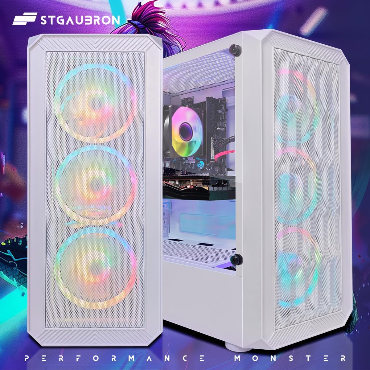STGAubron RGB Desktop PC Computer, AMD Ryzen 5 3400G up to 4.2GHz, 16G DDR4, 512G SSD, WiFi 6 & BT 5.2, RGB Fan x6, RGB Keyboard & Mouse, Windows 11 Home