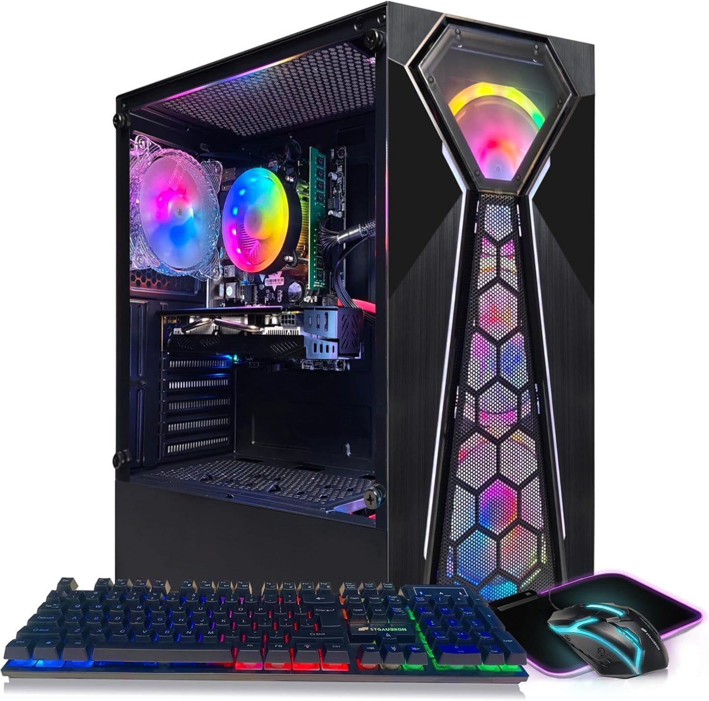 STGAubron RGB Desktop PC Computer, AMD Ryzen 5 3400G up to 4.2GHz, 16G DDR4, 512G SSD, WiFi 6 & BT 5.2, RGB Fan x6, RGB Keyboard & Mouse, Windows 11 Home