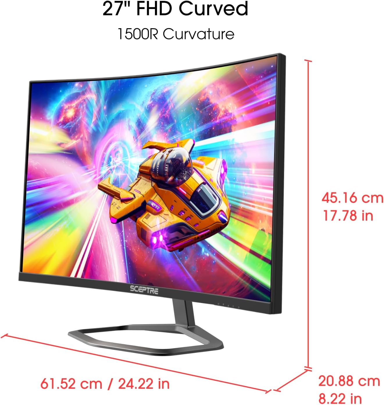 Sceptre 27-inch Curved Gaming Monitor up to 240Hz DisplayPort HDMI 1ms 99% sRGB Build-in Speakers, R1500 Machine Black 2023 (C275B-FWT240)