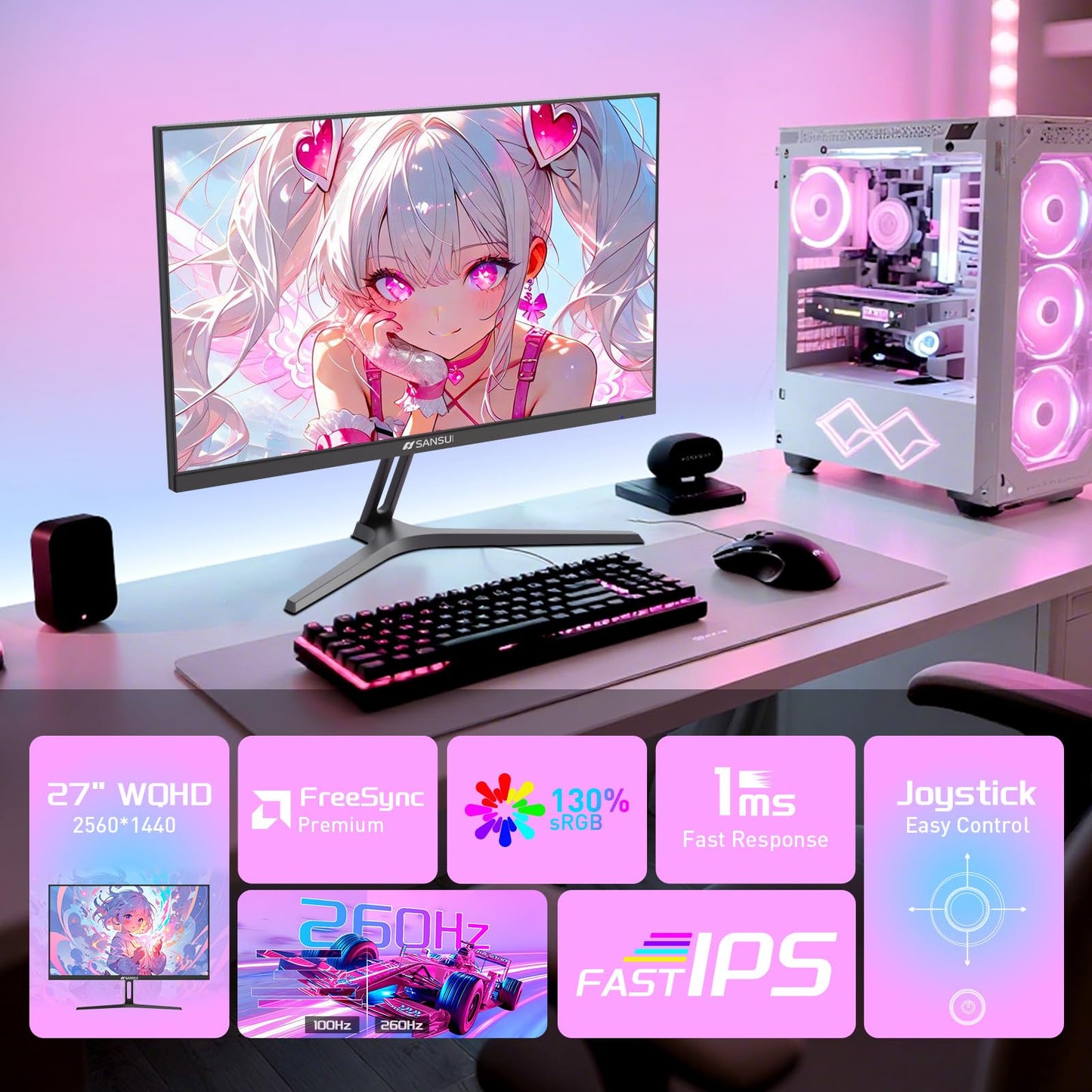 SANSUI 27 Inch Curved 240Hz Gaming Monitor FHD 1080P, 1500R Curve Computer Monitor, 130% sRGB, 4000:1 Contrast, HDR, FreeSync, MPRT 1Ms, Low Blue Light, HDMI DP Ports, Metal Stand, DP Cable Incl.