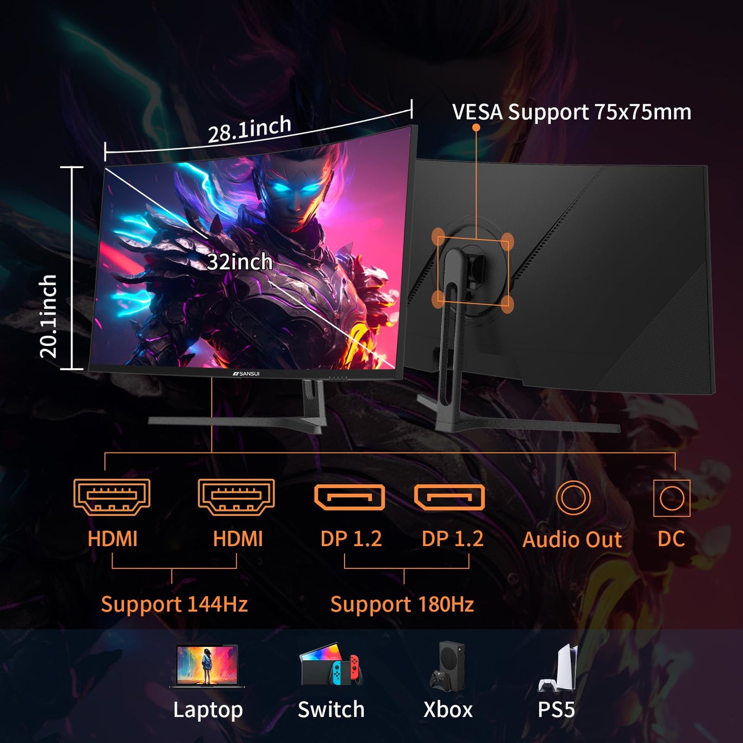 SANSUI 27 Inch Curved Gaming Monitor 180Hz 1ms with Speakers FHD 1080P Computer Monitor FreeSync|1500R|130% sRGB|HDR|Low Blue Light|HDMI DP Ports|VESA Mount|Metal Stand(ES-G27C1 HDMI Cable Incl.)