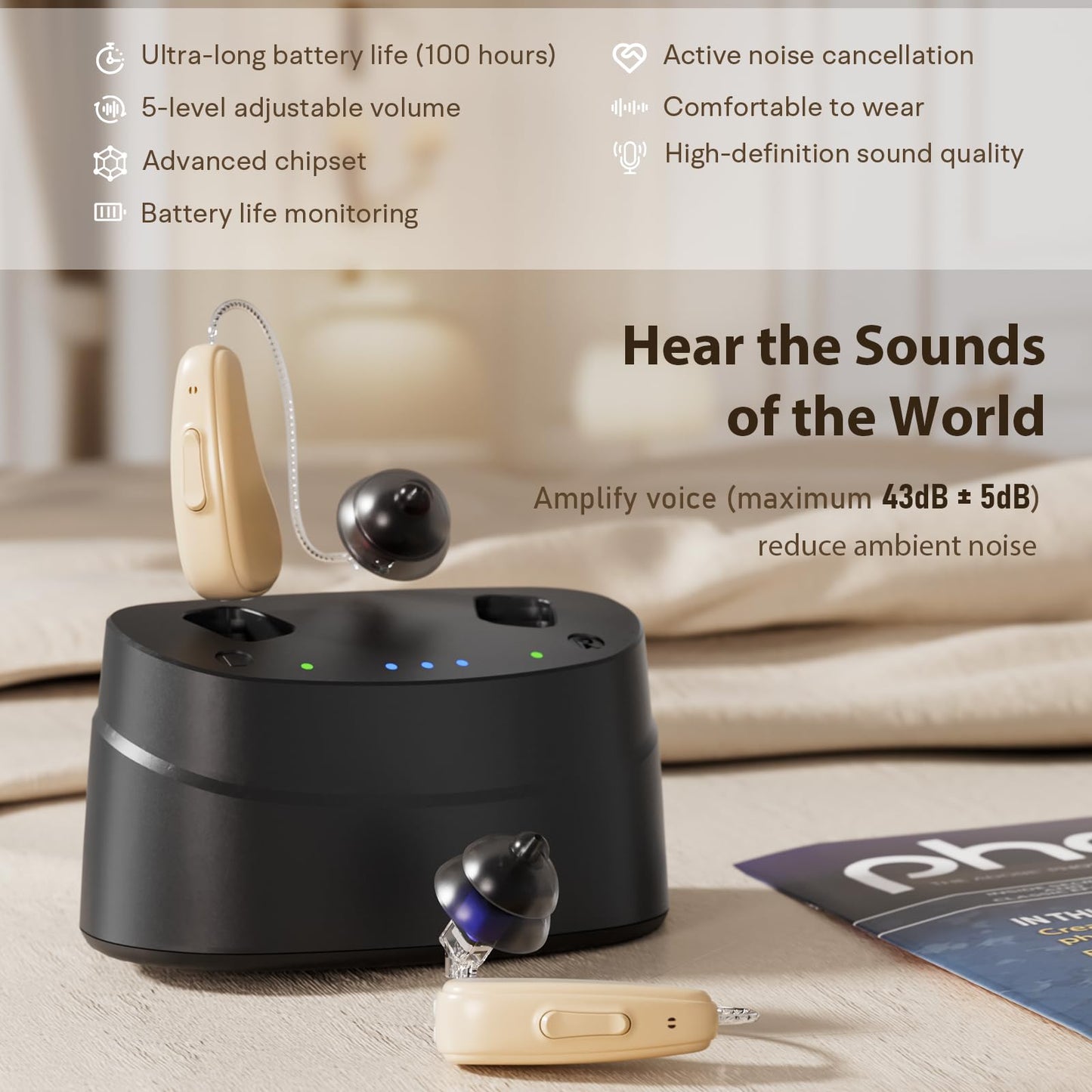 Hearing Aids, Hearing Aids for Seniors, Rechargeable Hearing Aid with Noise Cancellation, 5-Level Button Volume Control, OTC Hearing Amplifier for Moderate Hearing Loss, Clear Sound