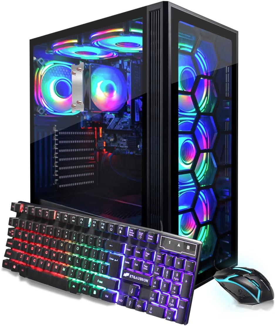 STGAubron RGB Desktop PC Computer, AMD Ryzen 5 3400G up to 4.2GHz, 16G DDR4, 512G SSD, WiFi 6 & BT 5.2, RGB Fan x6, RGB Keyboard & Mouse, Windows 11 Home