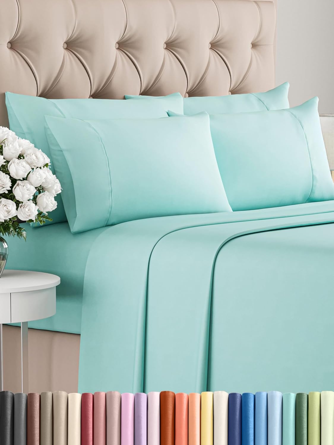 Queen 6 Piece Sheet Set - Cooling Sheets for Hot Sleepers - Hotel Luxury Bedding Set with 8-16 Inch Deep Pockets - 1 Flat & 1 Fitted & 4 Pillowcases - Ultra Soft, Easy Care and Wrinkle Free - White