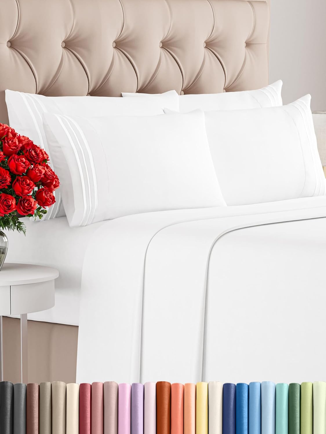 Queen 6 Piece Sheet Set - Cooling Sheets for Hot Sleepers - Hotel Luxury Bedding Set with 8-16 Inch Deep Pockets - 1 Flat & 1 Fitted & 4 Pillowcases - Ultra Soft, Easy Care and Wrinkle Free - White