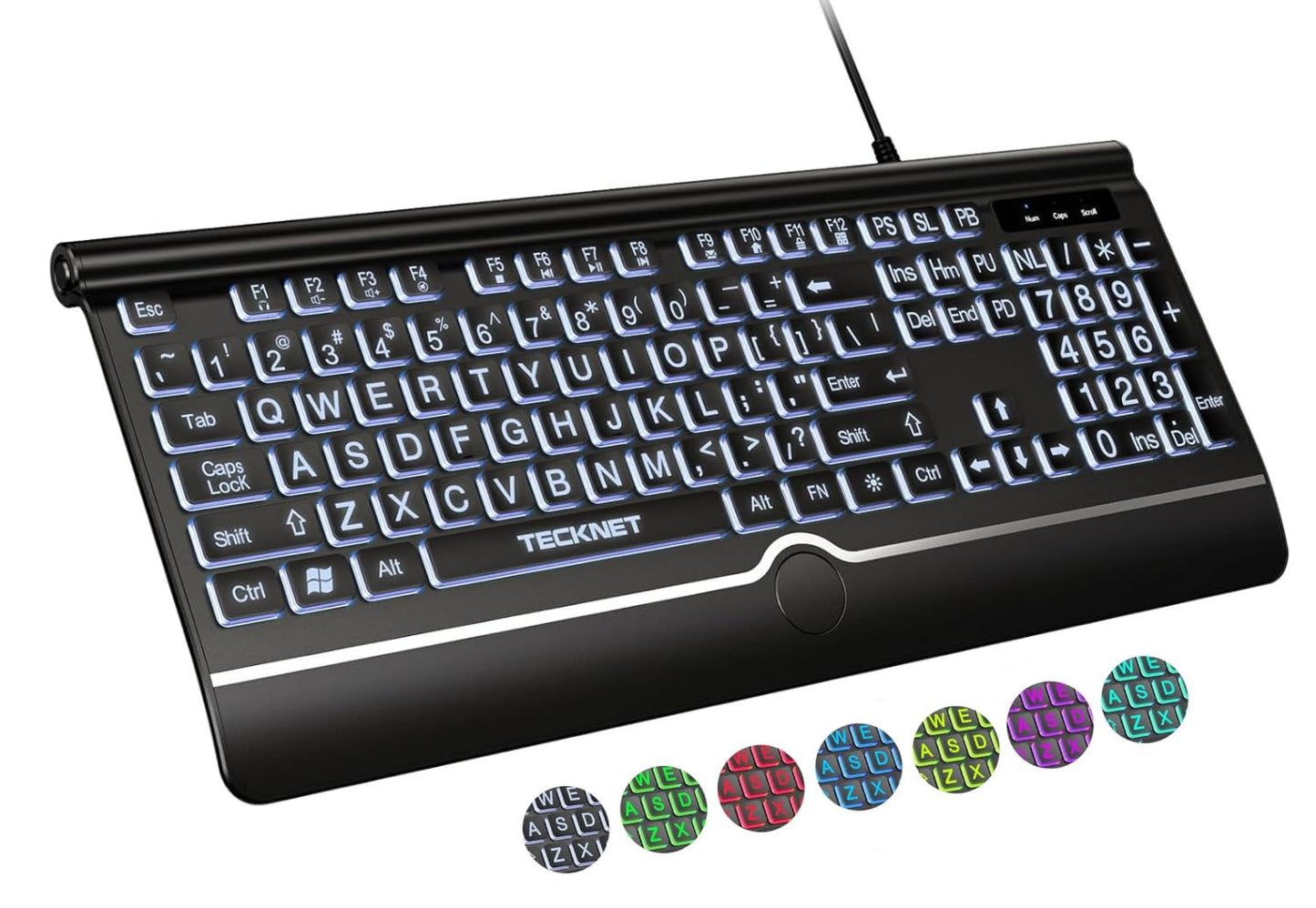 TECKNET Large Print Backlit Keyboard, Wired USB-A Computer Keyboard with Wrist Rest, 7-Color Backlit, Oversized Letter Keys Easy to See, Plug-and-Play, Silent, Light Up Keyboard for Windows/PC/Laptop