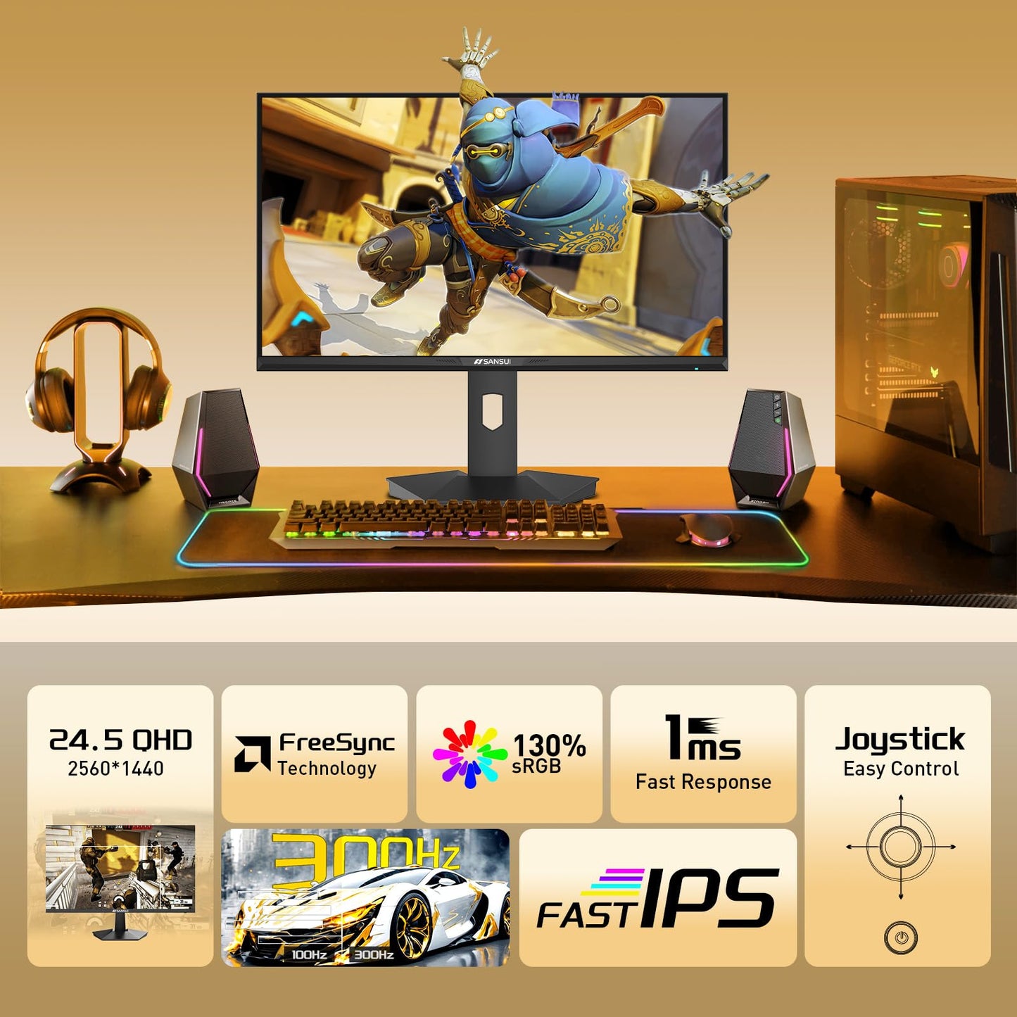SANSUI 27 Inch Curved Gaming Monitor 180Hz 1ms with Speakers FHD 1080P Computer Monitor FreeSync|1500R|130% sRGB|HDR|Low Blue Light|HDMI DP Ports|VESA Mount|Metal Stand(ES-G27C1 HDMI Cable Incl.)