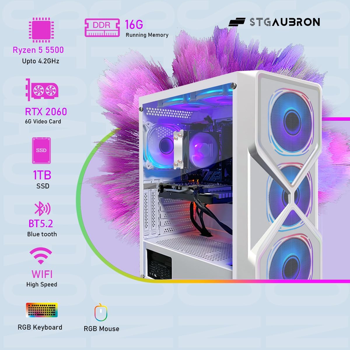 STGAubron RGB Desktop PC Computer, AMD Ryzen 5 3400G up to 4.2GHz, 16G DDR4, 512G SSD, WiFi 6 & BT 5.2, RGB Fan x6, RGB Keyboard & Mouse, Windows 11 Home