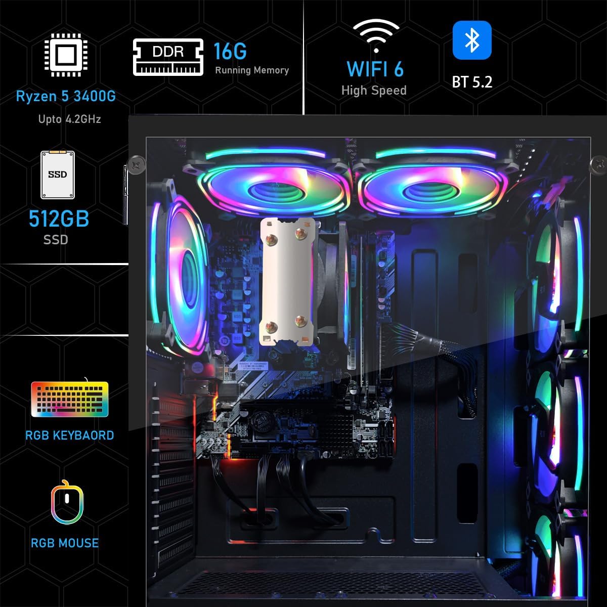 STGAubron RGB Desktop PC Computer, AMD Ryzen 5 3400G up to 4.2GHz, 16G DDR4, 512G SSD, WiFi 6 & BT 5.2, RGB Fan x6, RGB Keyboard & Mouse, Windows 11 Home