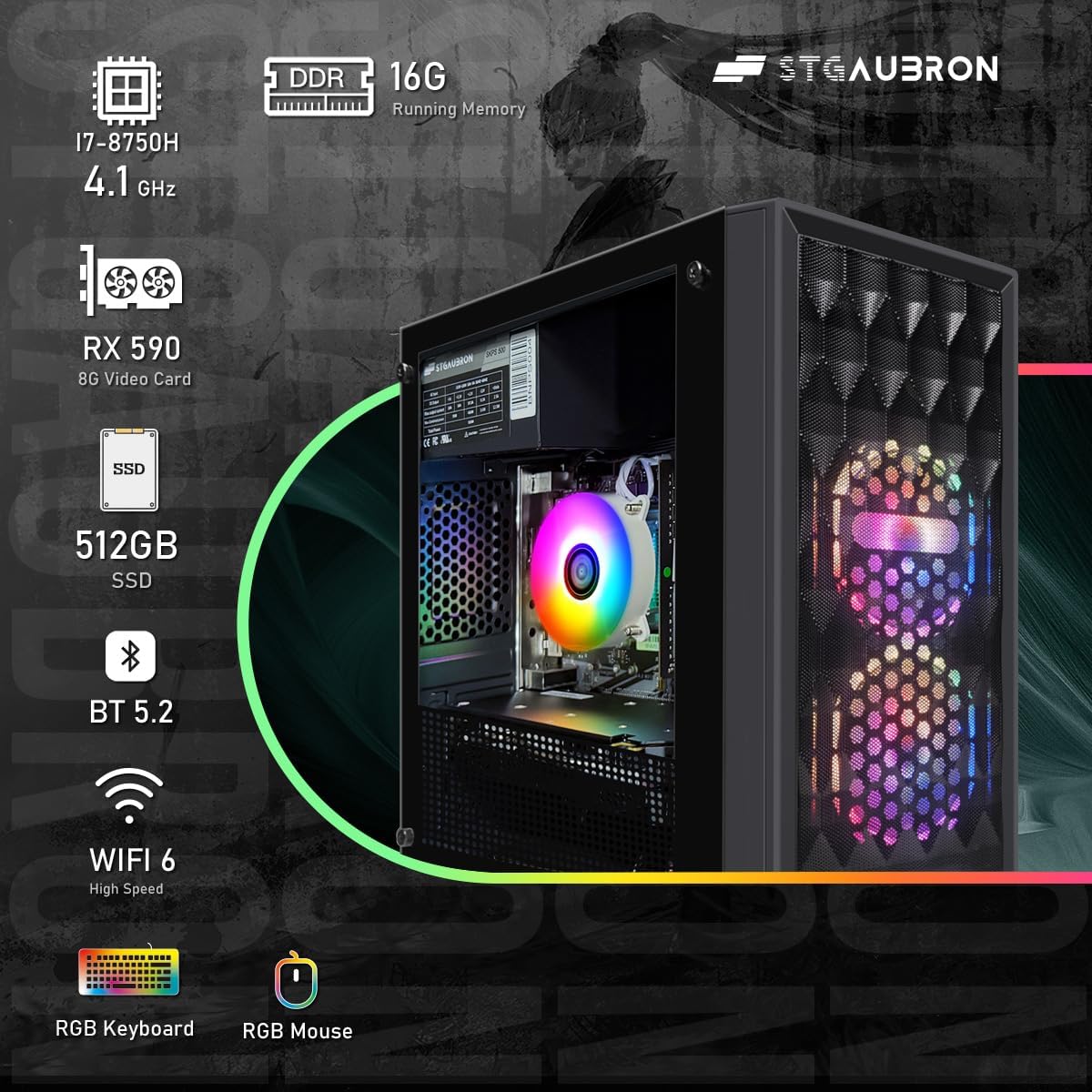 STGAubron RGB Desktop PC Computer, AMD Ryzen 5 3400G up to 4.2GHz, 16G DDR4, 512G SSD, WiFi 6 & BT 5.2, RGB Fan x6, RGB Keyboard & Mouse, Windows 11 Home