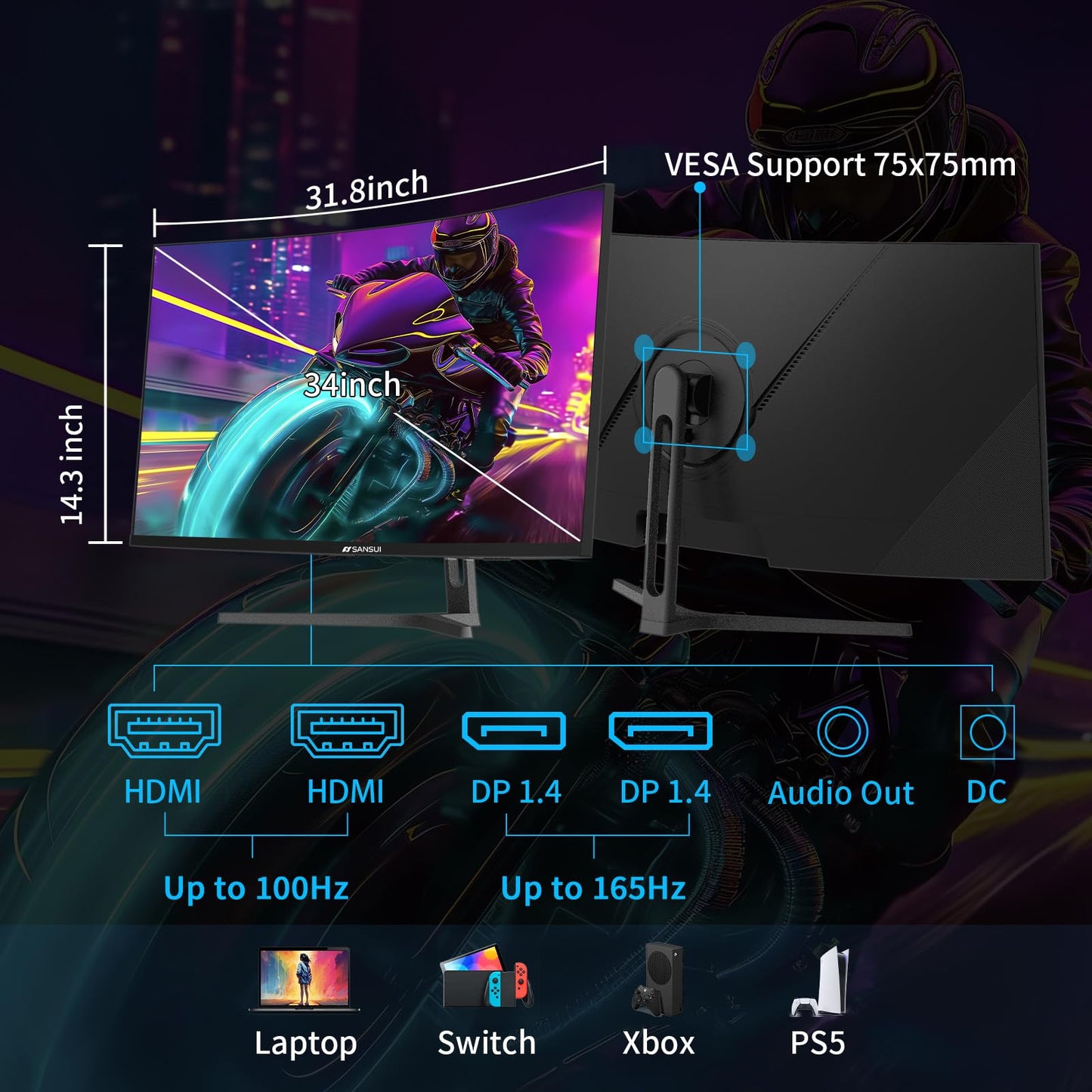 SANSUI 27 Inch Curved 240Hz Gaming Monitor FHD 1080P, 1500R Curve Computer Monitor, 130% sRGB, 4000:1 Contrast, HDR, FreeSync, MPRT 1Ms, Low Blue Light, HDMI DP Ports, Metal Stand, DP Cable Incl.