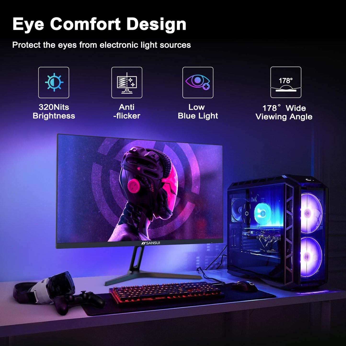 SANSUI 27 Inch Curved Gaming Monitor 180Hz 1ms with Speakers FHD 1080P Computer Monitor FreeSync|1500R|130% sRGB|HDR|Low Blue Light|HDMI DP Ports|VESA Mount|Metal Stand(ES-G27C1 HDMI Cable Incl.)