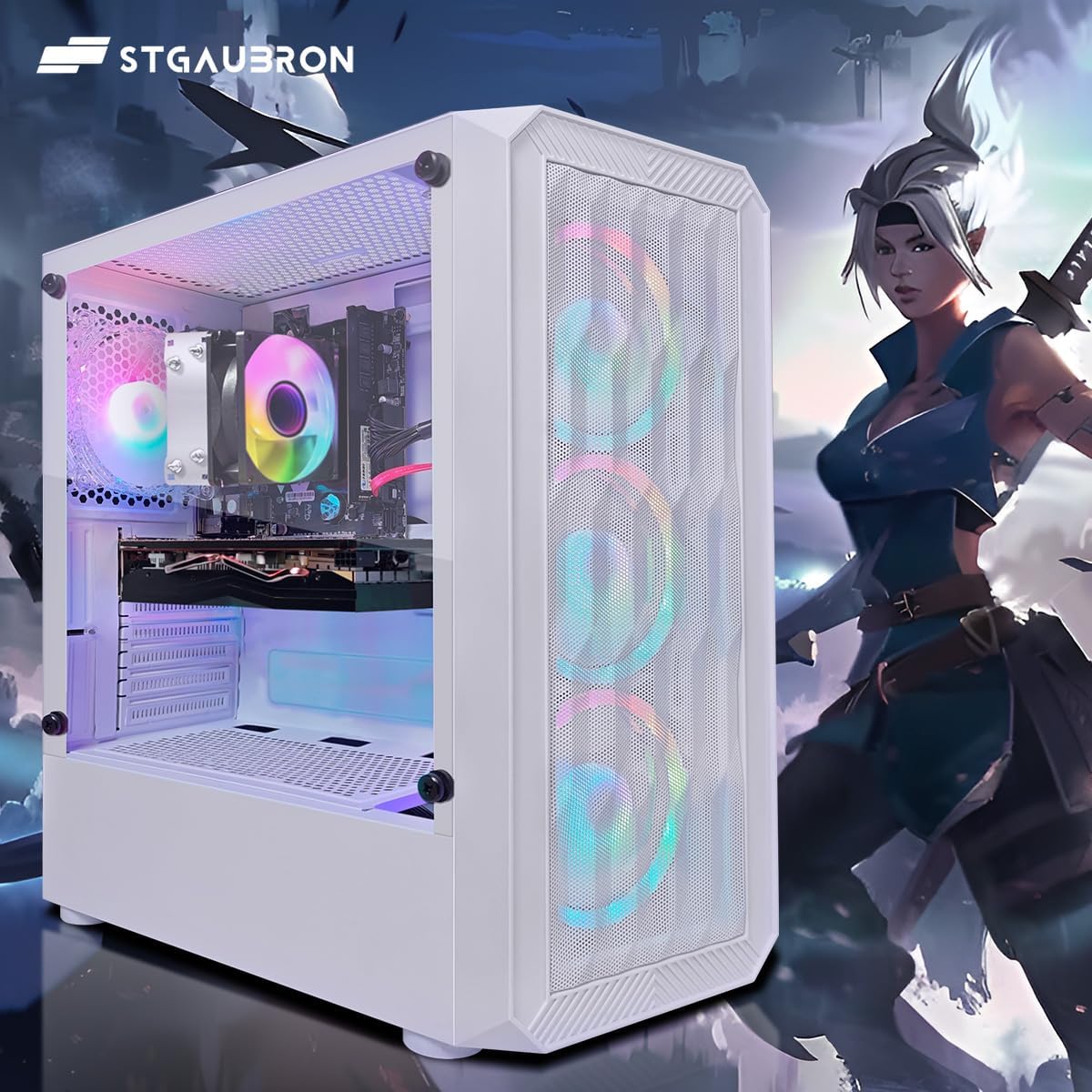 STGAubron RGB Desktop PC Computer, AMD Ryzen 5 3400G up to 4.2GHz, 16G DDR4, 512G SSD, WiFi 6 & BT 5.2, RGB Fan x6, RGB Keyboard & Mouse, Windows 11 Home