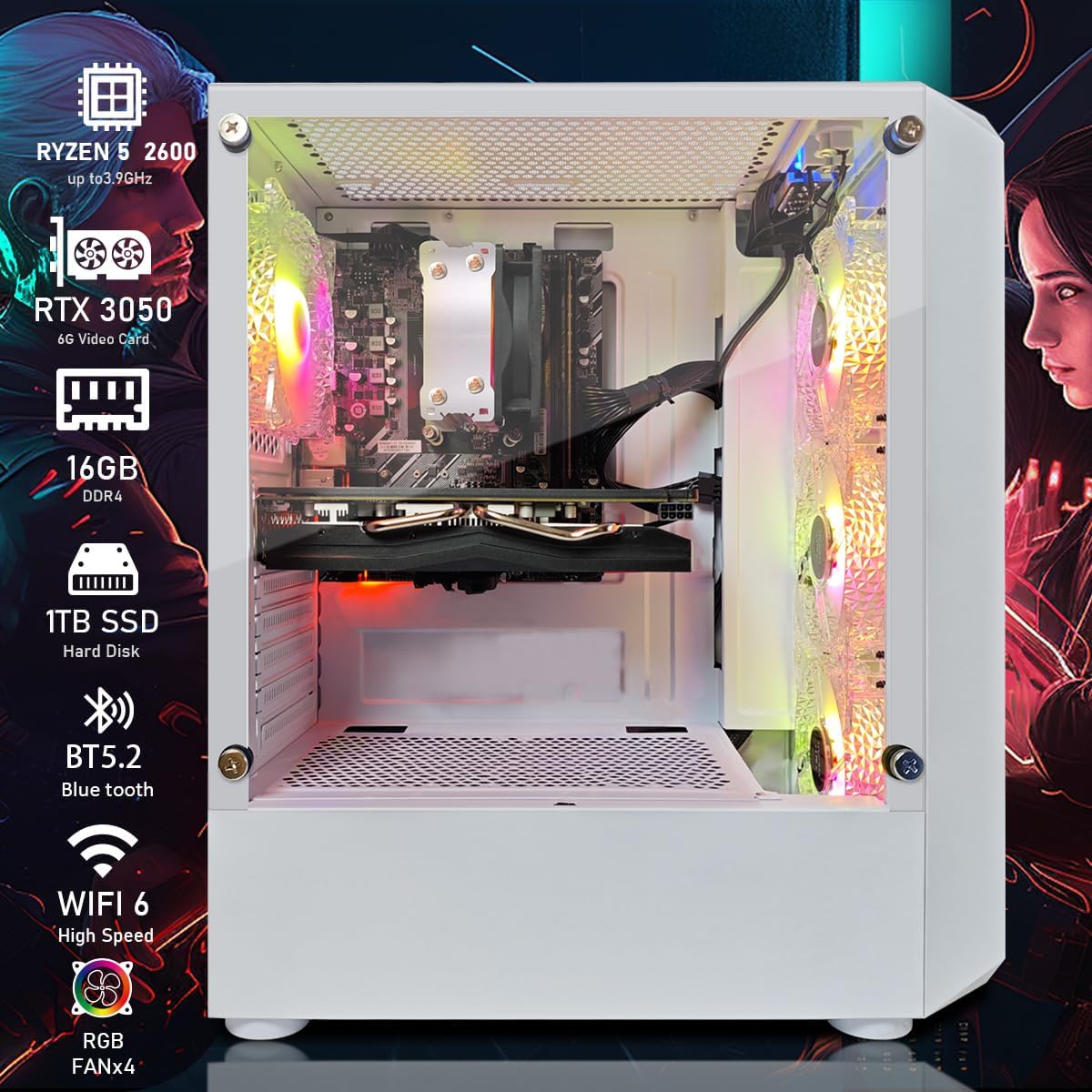 STGAubron RGB Desktop PC Computer, AMD Ryzen 5 3400G up to 4.2GHz, 16G DDR4, 512G SSD, WiFi 6 & BT 5.2, RGB Fan x6, RGB Keyboard & Mouse, Windows 11 Home
