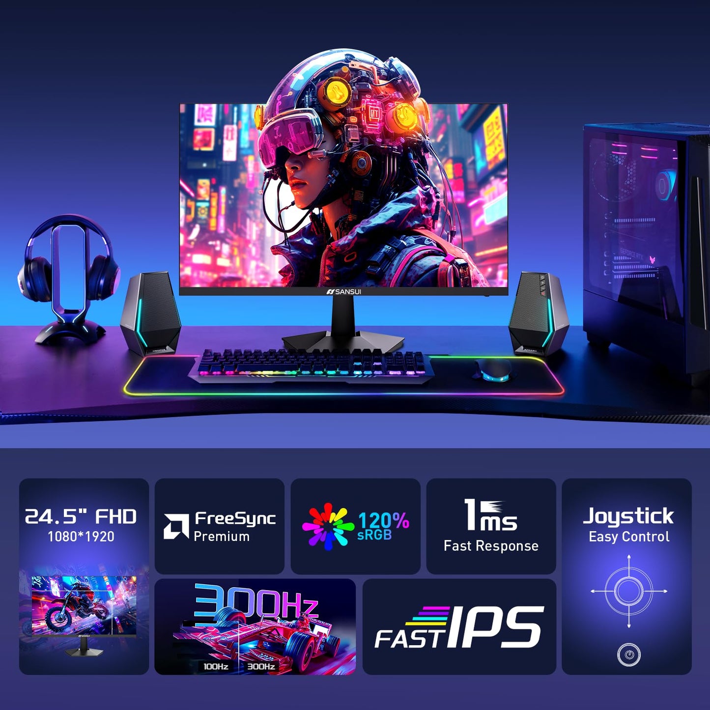 SANSUI 27 Inch Curved 240Hz Gaming Monitor FHD 1080P, 1500R Curve Computer Monitor, 130% sRGB, 4000:1 Contrast, HDR, FreeSync, MPRT 1Ms, Low Blue Light, HDMI DP Ports, Metal Stand, DP Cable Incl.