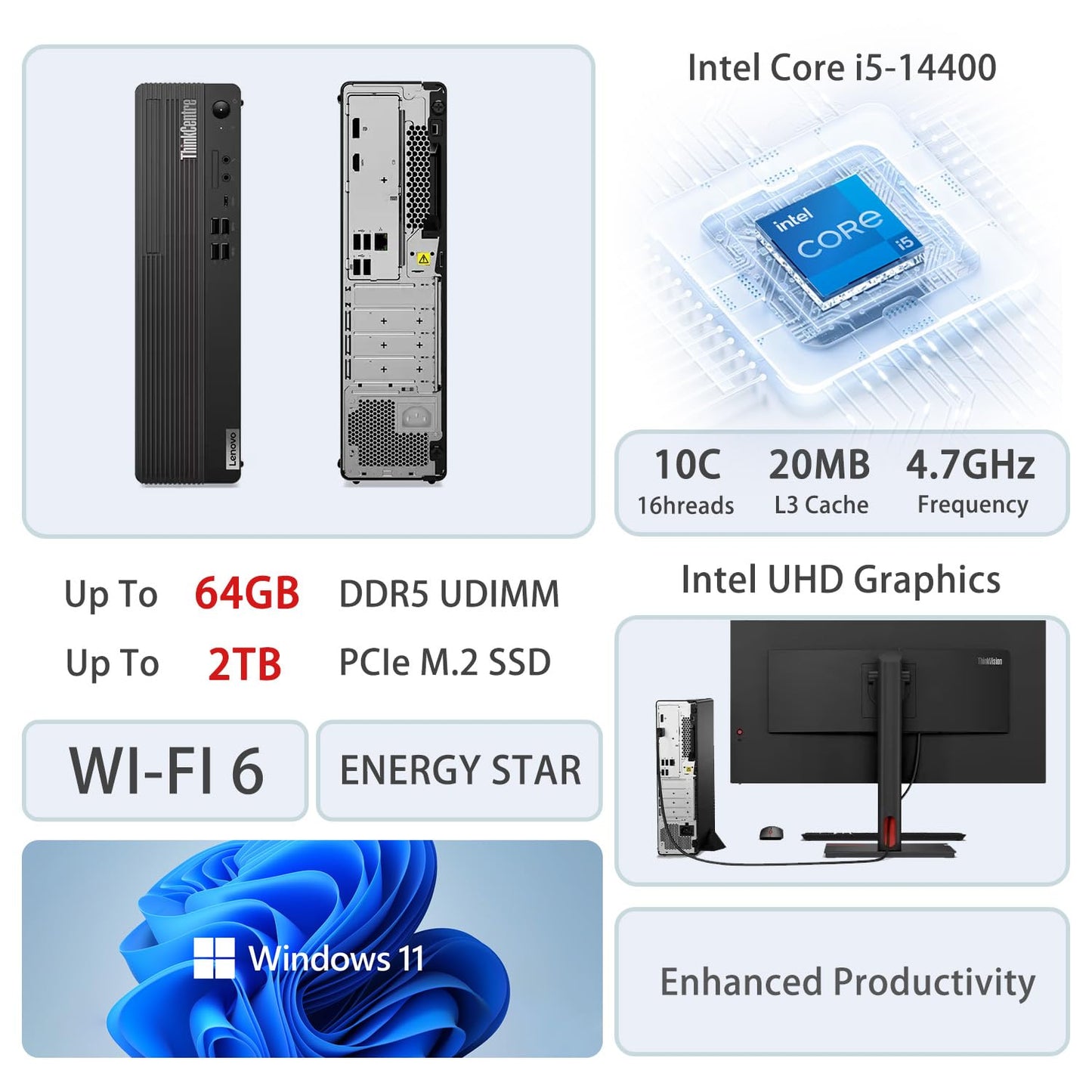 Lenovo ThinkCentre M70s Small Form Factor Business Desktop, 14th Gen Intel 10-Core i5-14400, 32GB DDR5 RAM, 1TB SSD, HDMI, DP, Wi-Fi 6, Windows 11 Pro, Bundle with Adata UC310 64GB USB Flash Drive