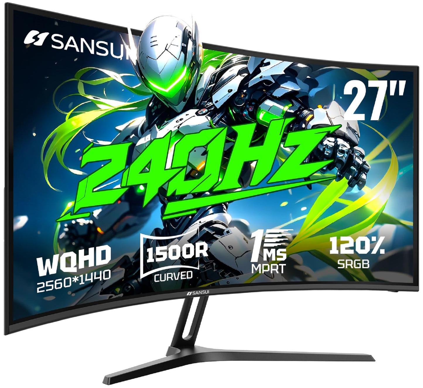 SANSUI 27 Inch Curved 240Hz Gaming Monitor FHD 1080P, 1500R Curve Computer Monitor, 130% sRGB, 4000:1 Contrast, HDR, FreeSync, MPRT 1Ms, Low Blue Light, HDMI DP Ports, Metal Stand, DP Cable Incl.
