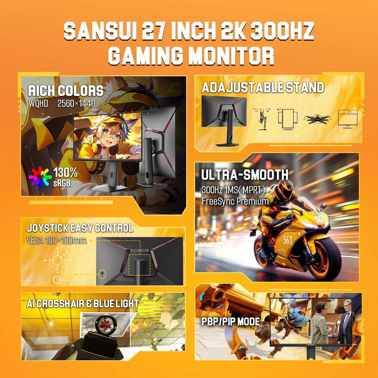 SANSUI 27 Inch Curved Gaming Monitor 180Hz 1ms with Speakers FHD 1080P Computer Monitor FreeSync|1500R|130% sRGB|HDR|Low Blue Light|HDMI DP Ports|VESA Mount|Metal Stand(ES-G27C1 HDMI Cable Incl.)