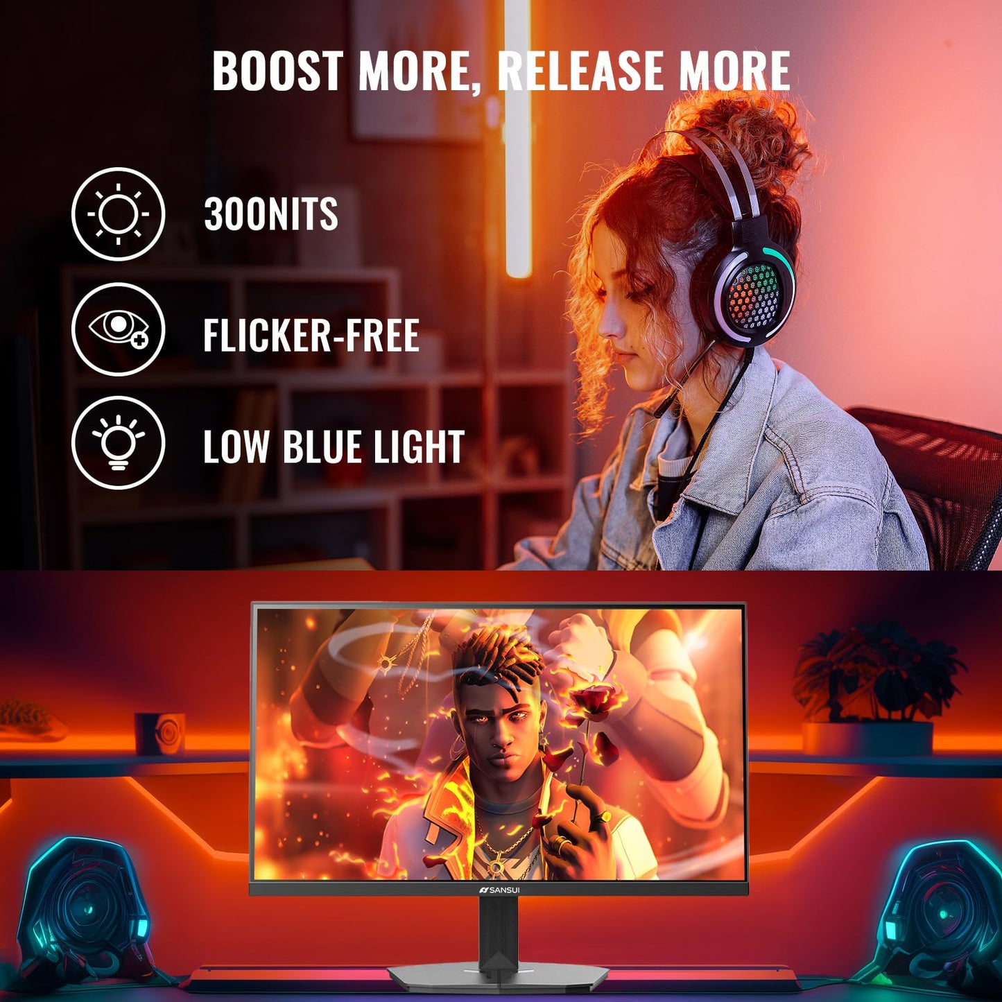 SANSUI 27 Inch Curved 240Hz Gaming Monitor FHD 1080P, 1500R Curve Computer Monitor, 130% sRGB, 4000:1 Contrast, HDR, FreeSync, MPRT 1Ms, Low Blue Light, HDMI DP Ports, Metal Stand, DP Cable Incl.