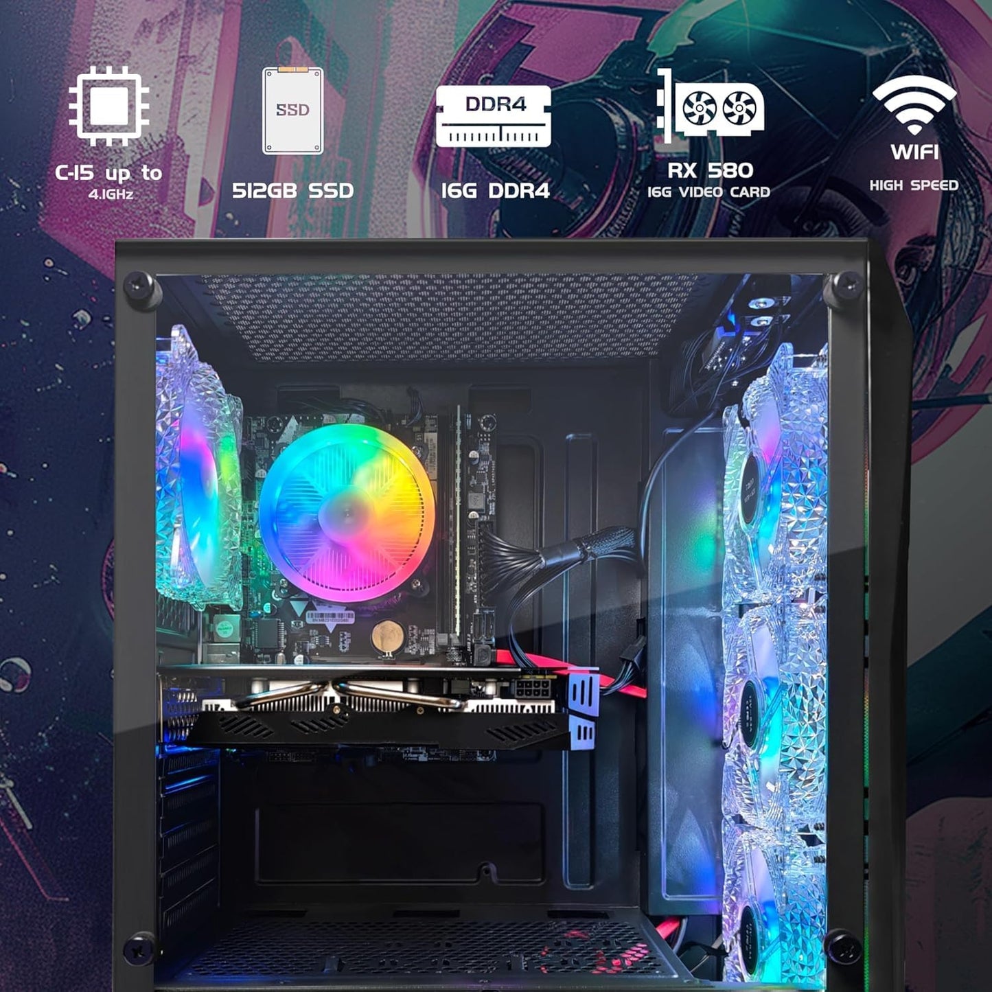 STGAubron RGB Desktop PC Computer, AMD Ryzen 5 3400G up to 4.2GHz, 16G DDR4, 512G SSD, WiFi 6 & BT 5.2, RGB Fan x6, RGB Keyboard & Mouse, Windows 11 Home