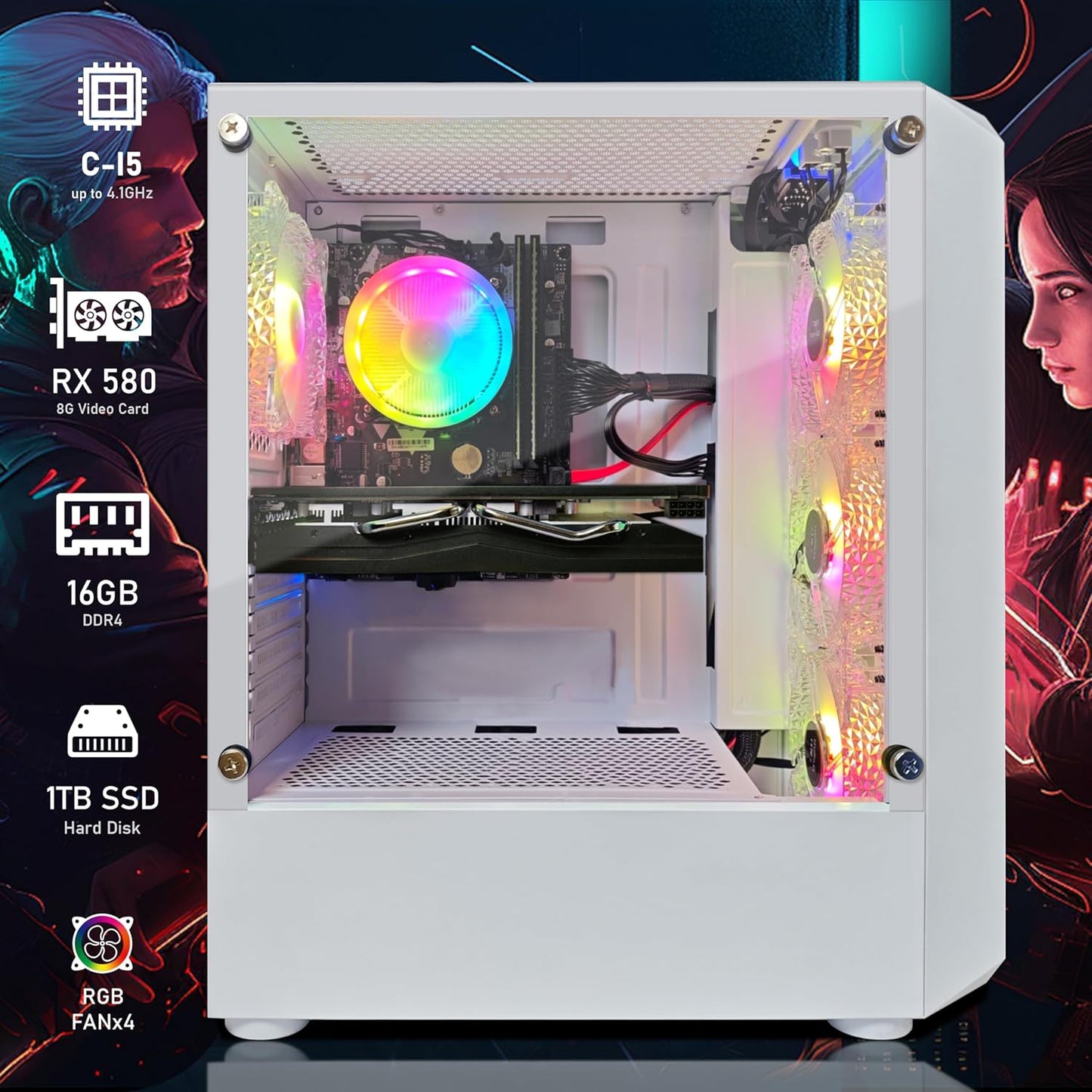 STGAubron RGB Desktop PC Computer, AMD Ryzen 5 3400G up to 4.2GHz, 16G DDR4, 512G SSD, WiFi 6 & BT 5.2, RGB Fan x6, RGB Keyboard & Mouse, Windows 11 Home