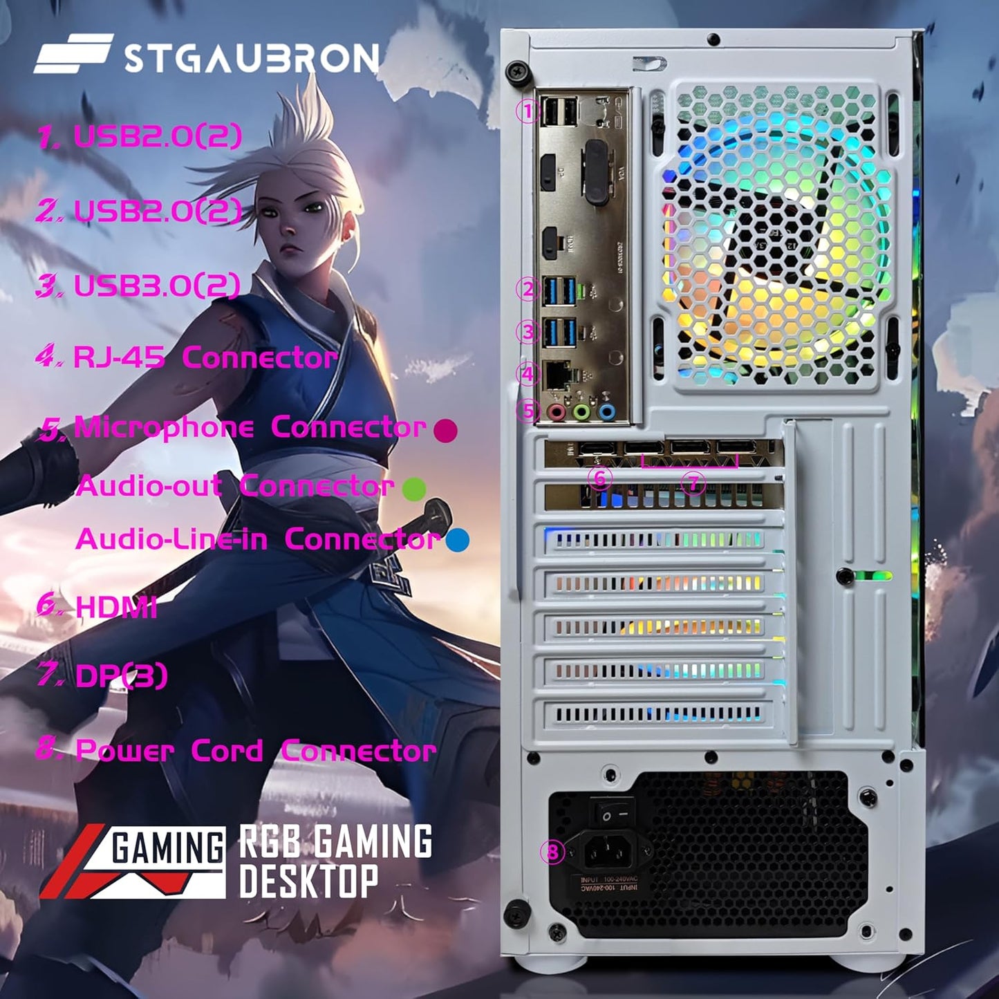 STGAubron RGB Desktop PC Computer, AMD Ryzen 5 3400G up to 4.2GHz, 16G DDR4, 512G SSD, WiFi 6 & BT 5.2, RGB Fan x6, RGB Keyboard & Mouse, Windows 11 Home