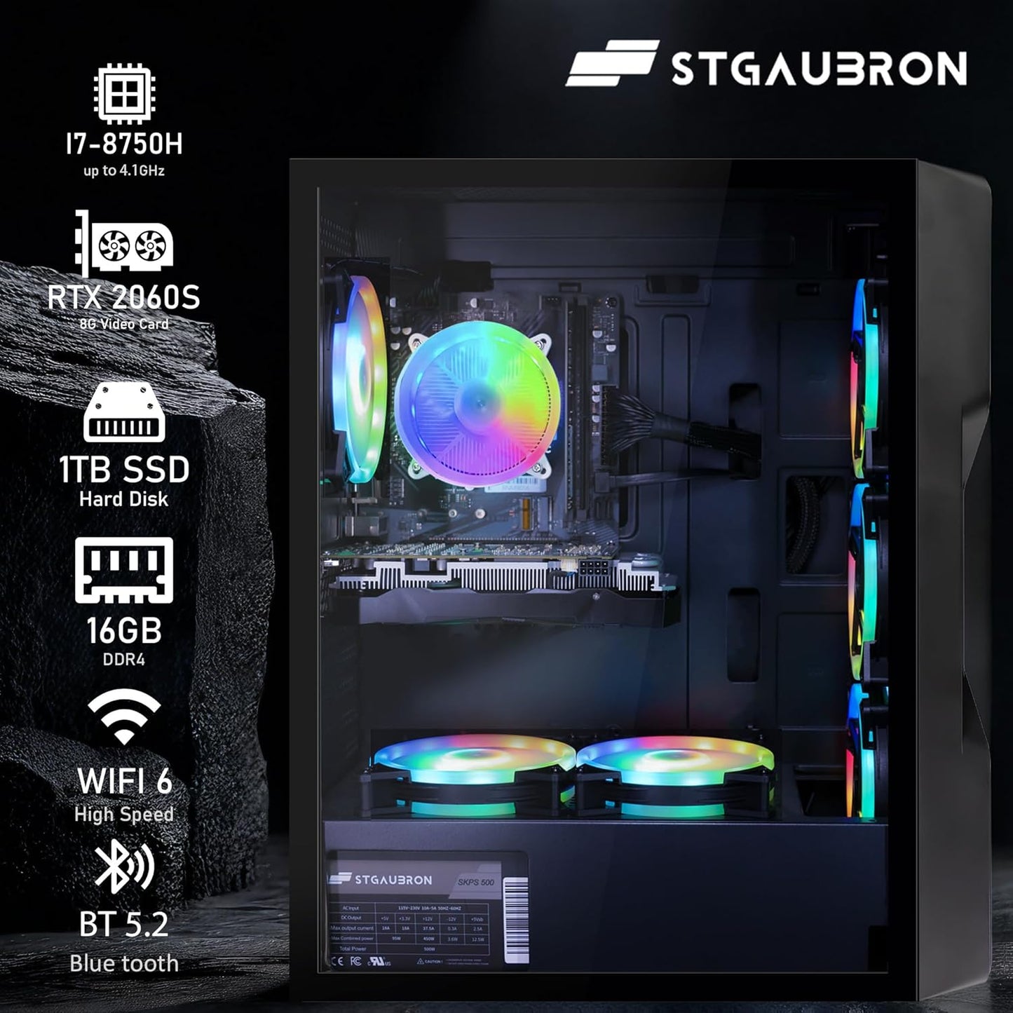 STGAubron RGB Desktop PC Computer, AMD Ryzen 5 3400G up to 4.2GHz, 16G DDR4, 512G SSD, WiFi 6 & BT 5.2, RGB Fan x6, RGB Keyboard & Mouse, Windows 11 Home