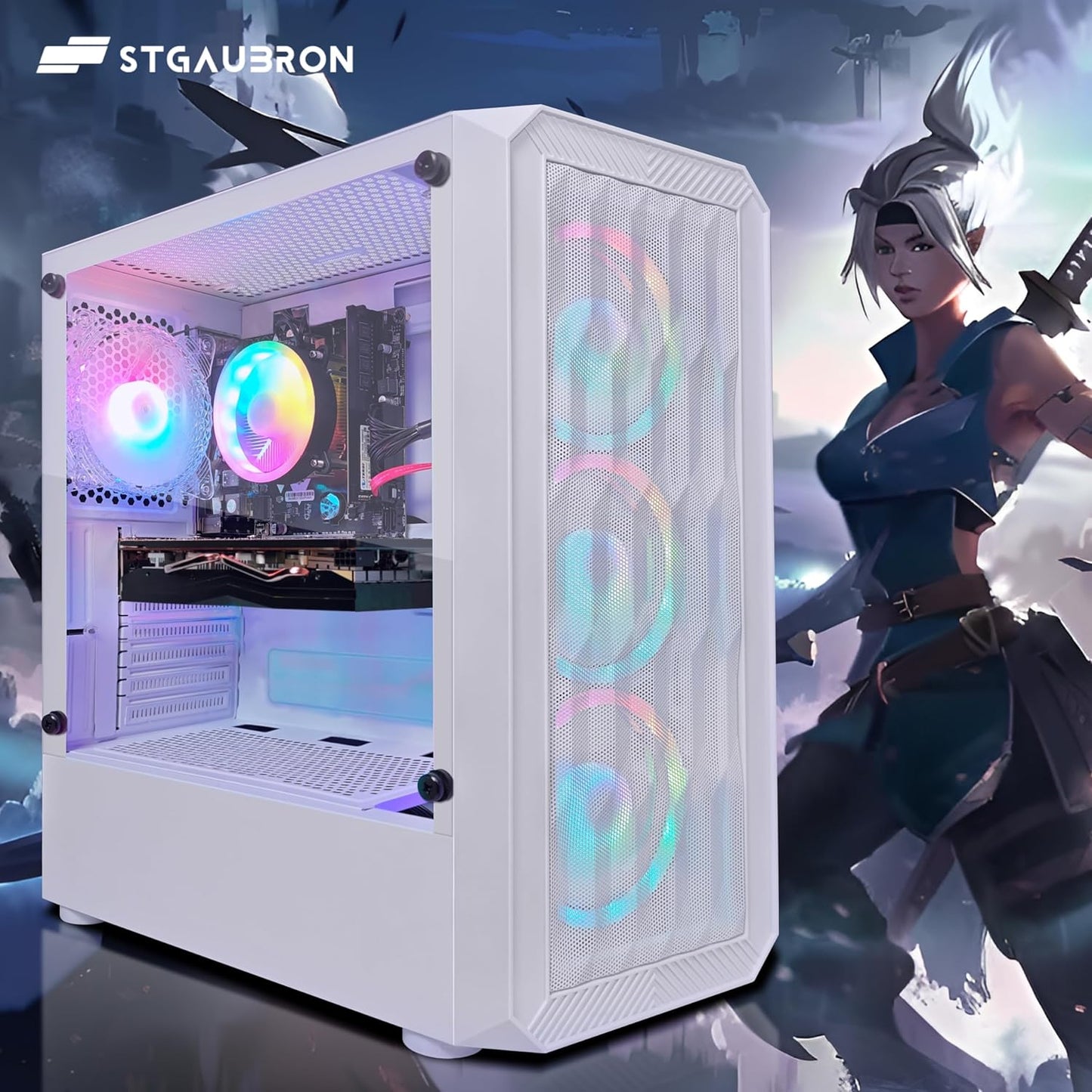 STGAubron RGB Desktop PC Computer, AMD Ryzen 5 3400G up to 4.2GHz, 16G DDR4, 512G SSD, WiFi 6 & BT 5.2, RGB Fan x6, RGB Keyboard & Mouse, Windows 11 Home