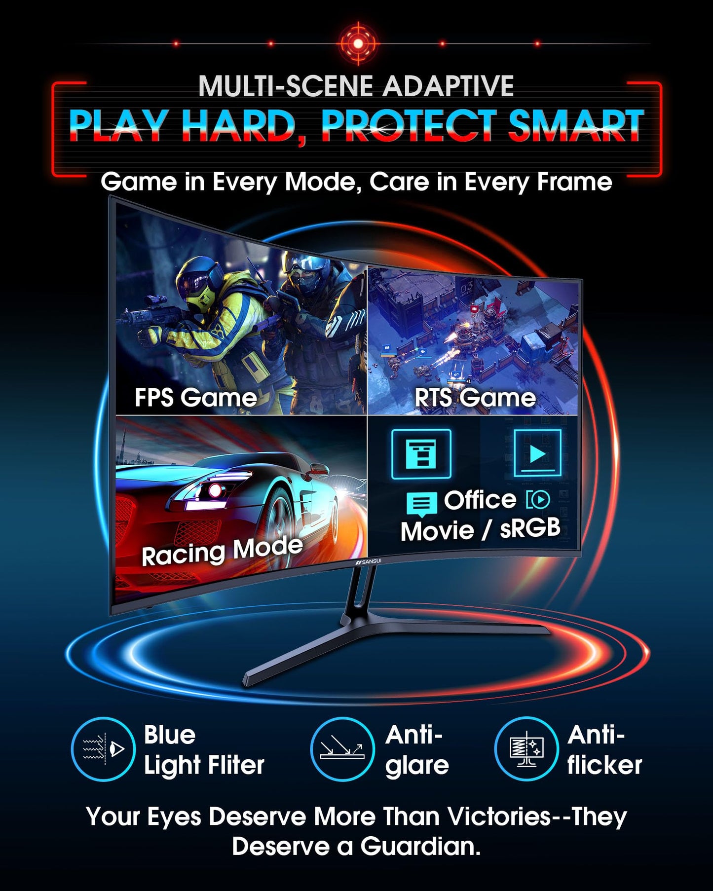 SANSUI 27 Inch Curved 240Hz Gaming Monitor FHD 1080P, 1500R Curve Computer Monitor, 130% sRGB, 4000:1 Contrast, HDR, FreeSync, MPRT 1Ms, Low Blue Light, HDMI DP Ports, Metal Stand, DP Cable Incl.