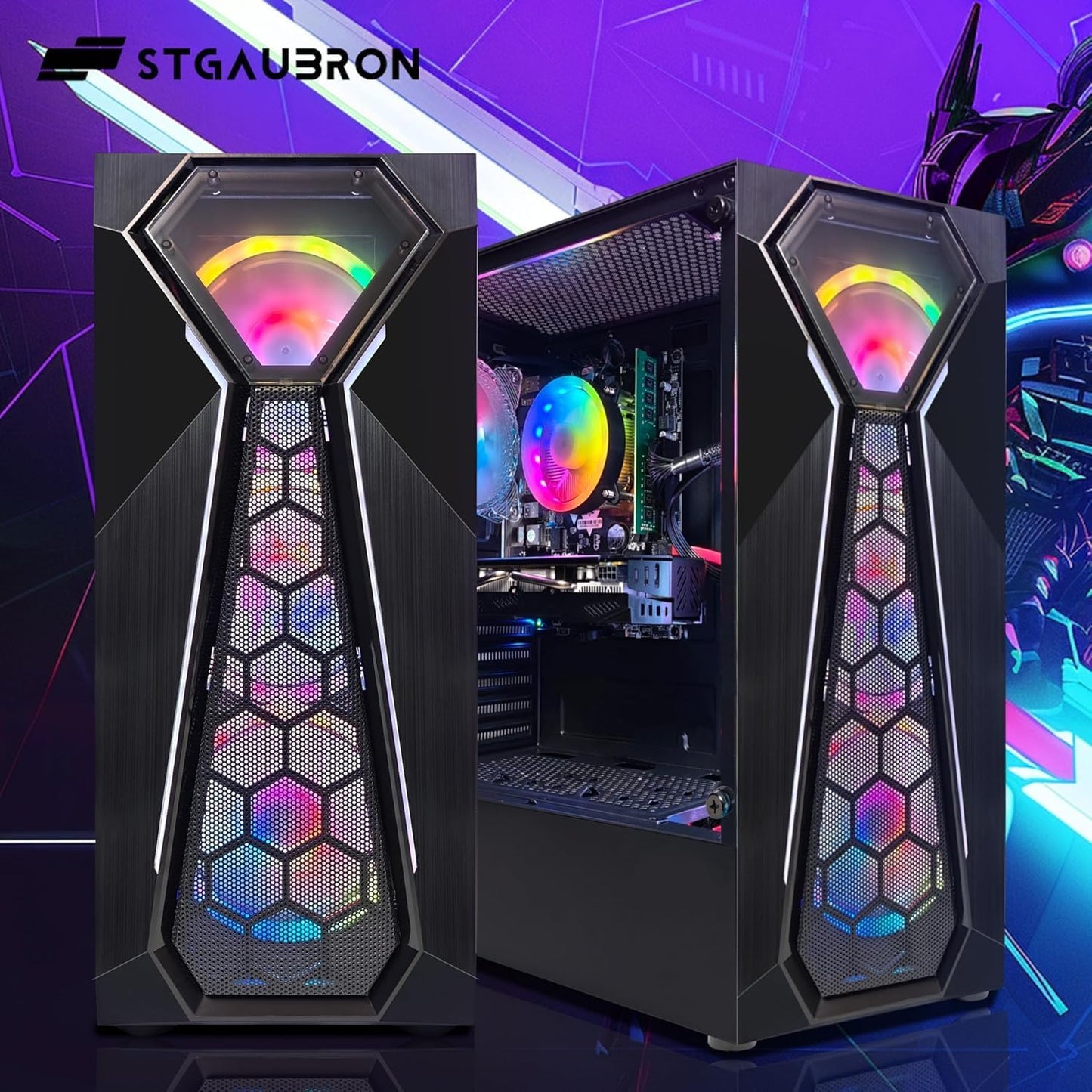 STGAubron RGB Desktop PC Computer, AMD Ryzen 5 3400G up to 4.2GHz, 16G DDR4, 512G SSD, WiFi 6 & BT 5.2, RGB Fan x6, RGB Keyboard & Mouse, Windows 11 Home