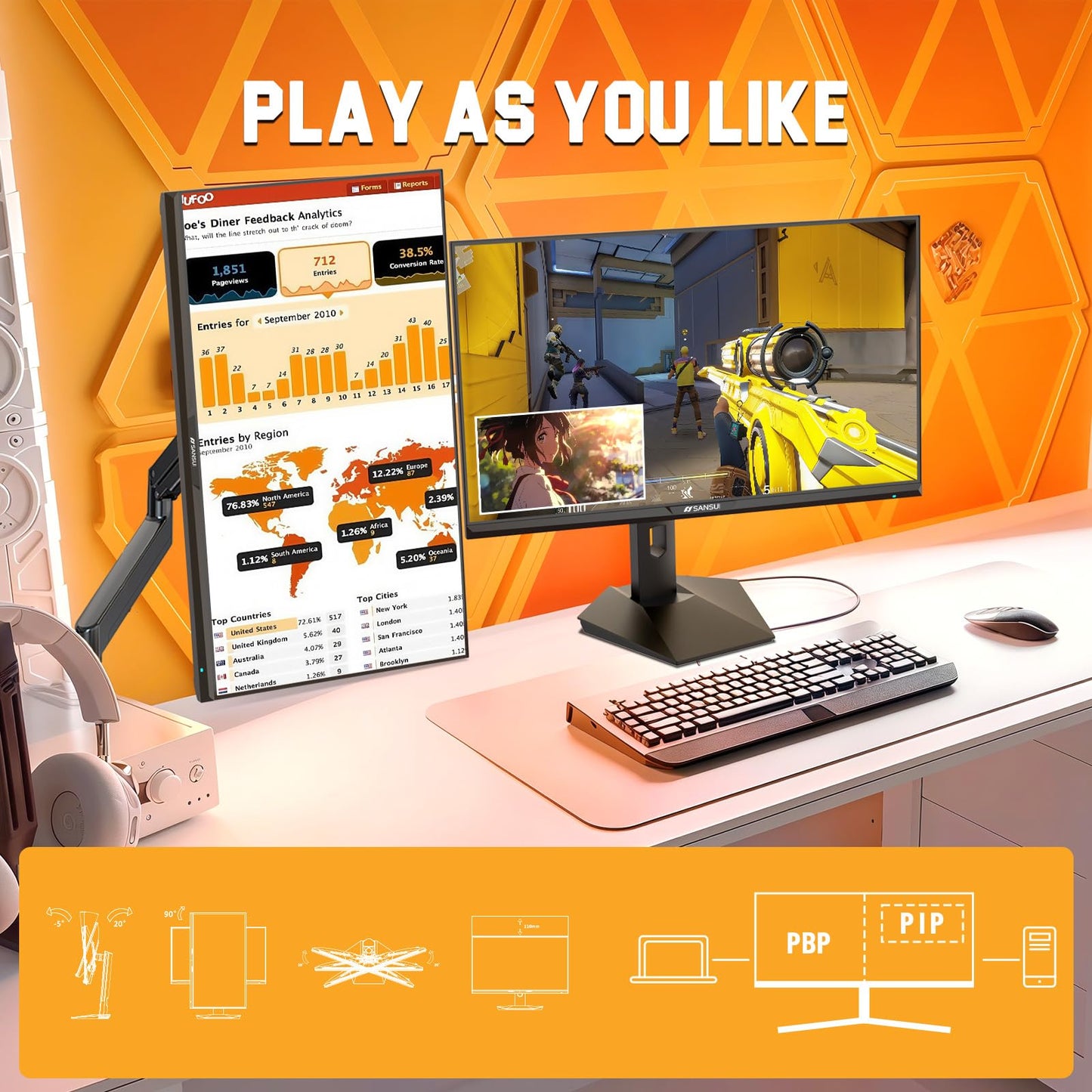 SANSUI 27 Inch Curved Gaming Monitor 180Hz 1ms with Speakers FHD 1080P Computer Monitor FreeSync|1500R|130% sRGB|HDR|Low Blue Light|HDMI DP Ports|VESA Mount|Metal Stand(ES-G27C1 HDMI Cable Incl.)