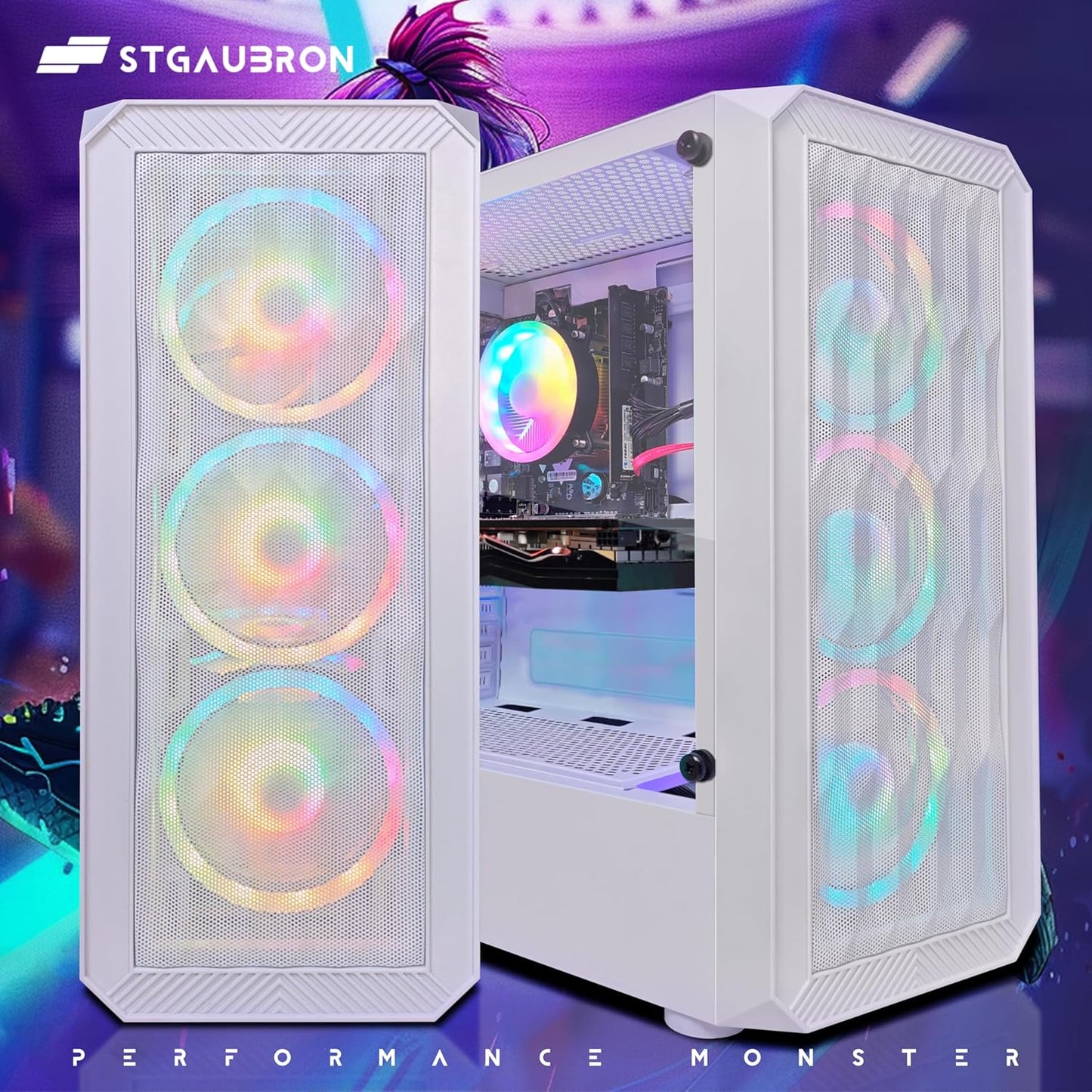 STGAubron RGB Desktop PC Computer, AMD Ryzen 5 3400G up to 4.2GHz, 16G DDR4, 512G SSD, WiFi 6 & BT 5.2, RGB Fan x6, RGB Keyboard & Mouse, Windows 11 Home