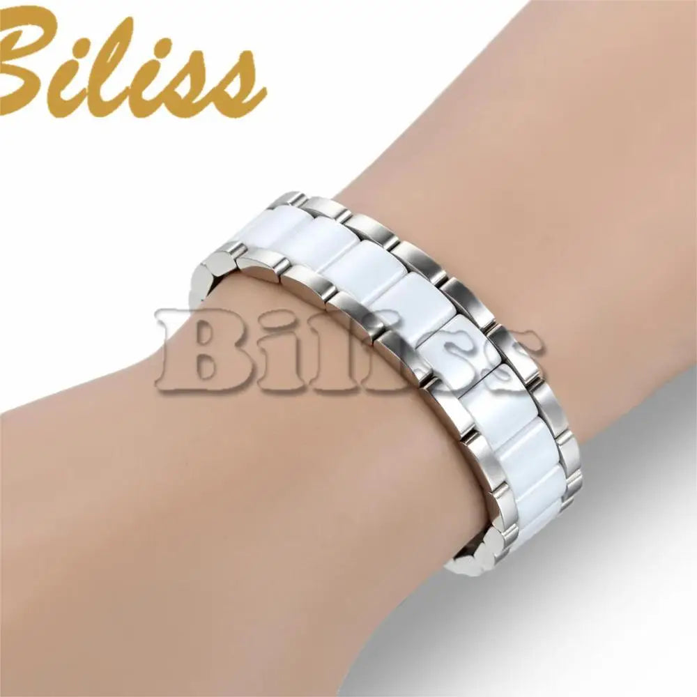 Black/White Ceramic Bracelet Magnetic Stone Therapy Health Stainless Steel Brace