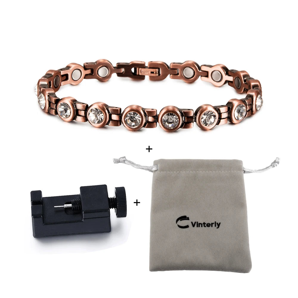 Pure Copper Magnetic Bracelet Arthritis 21.5cm White Crystals Copper Bracelets f