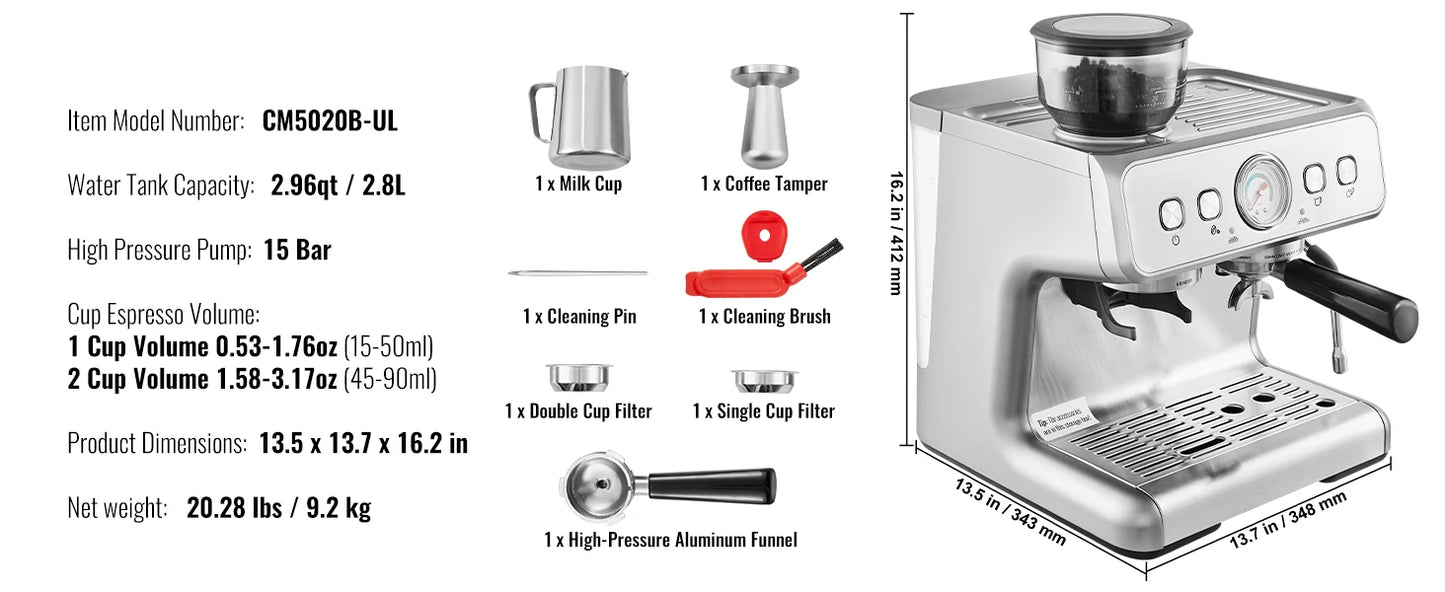 Espresso Machine with Grinder 15 Bar Semi-Automatic Espresso Coffee Maker with Milk Frother Steam Wand