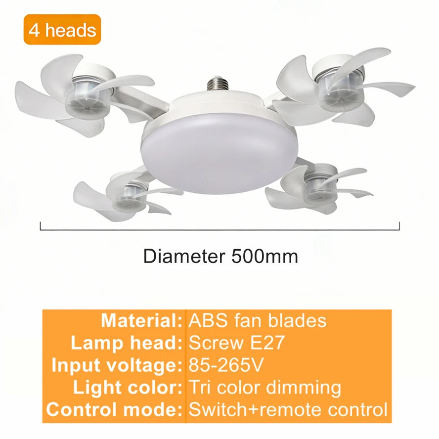 Ceiling Fan Light Drone E27 3/4 Head 2-in-1 Design Fan Lighting Bulb with Remote Control AC85-265V for Home Restaurant Bedroom